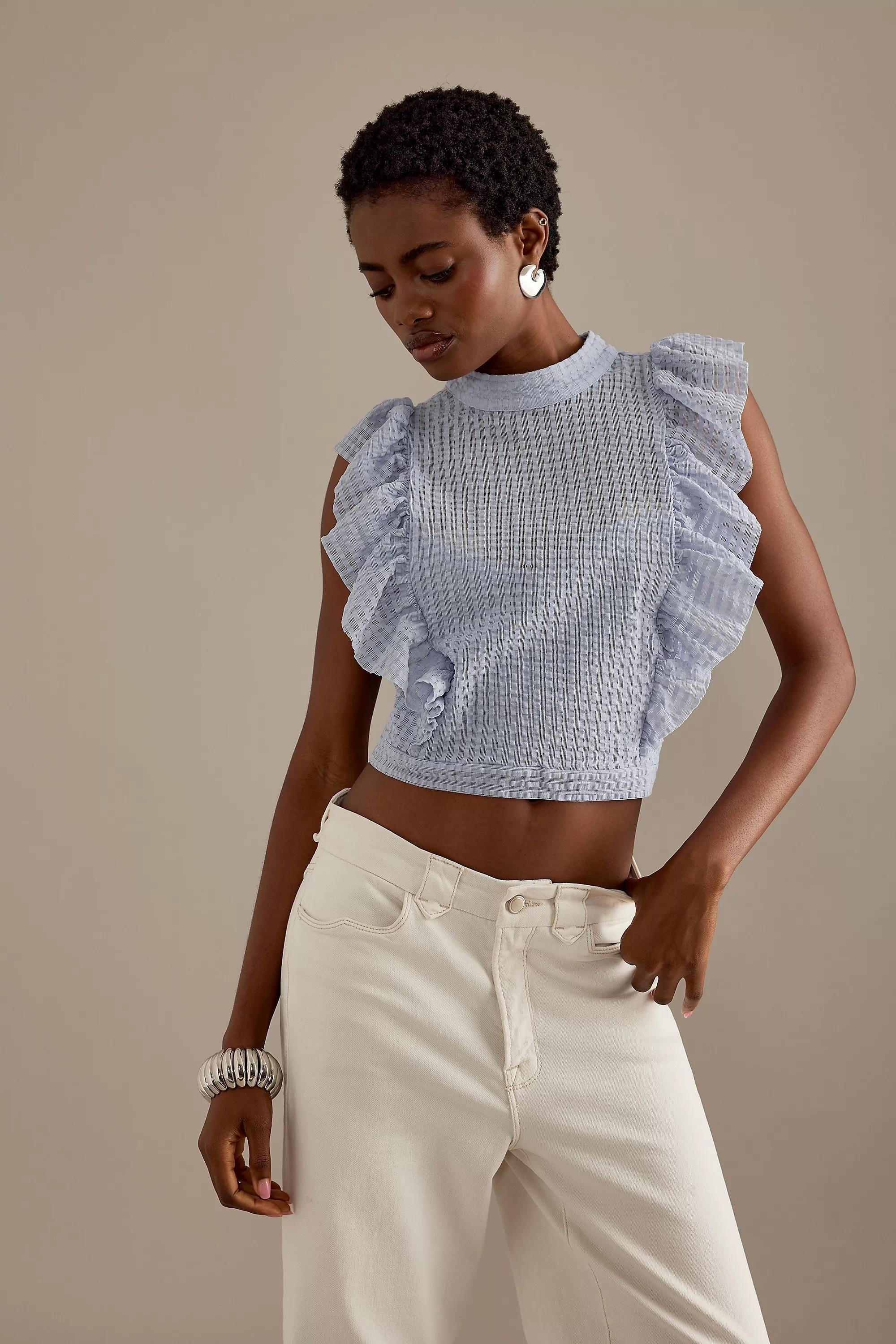 Anthropologie Frills Ruffle Crop Top, Blue, , large image number 0