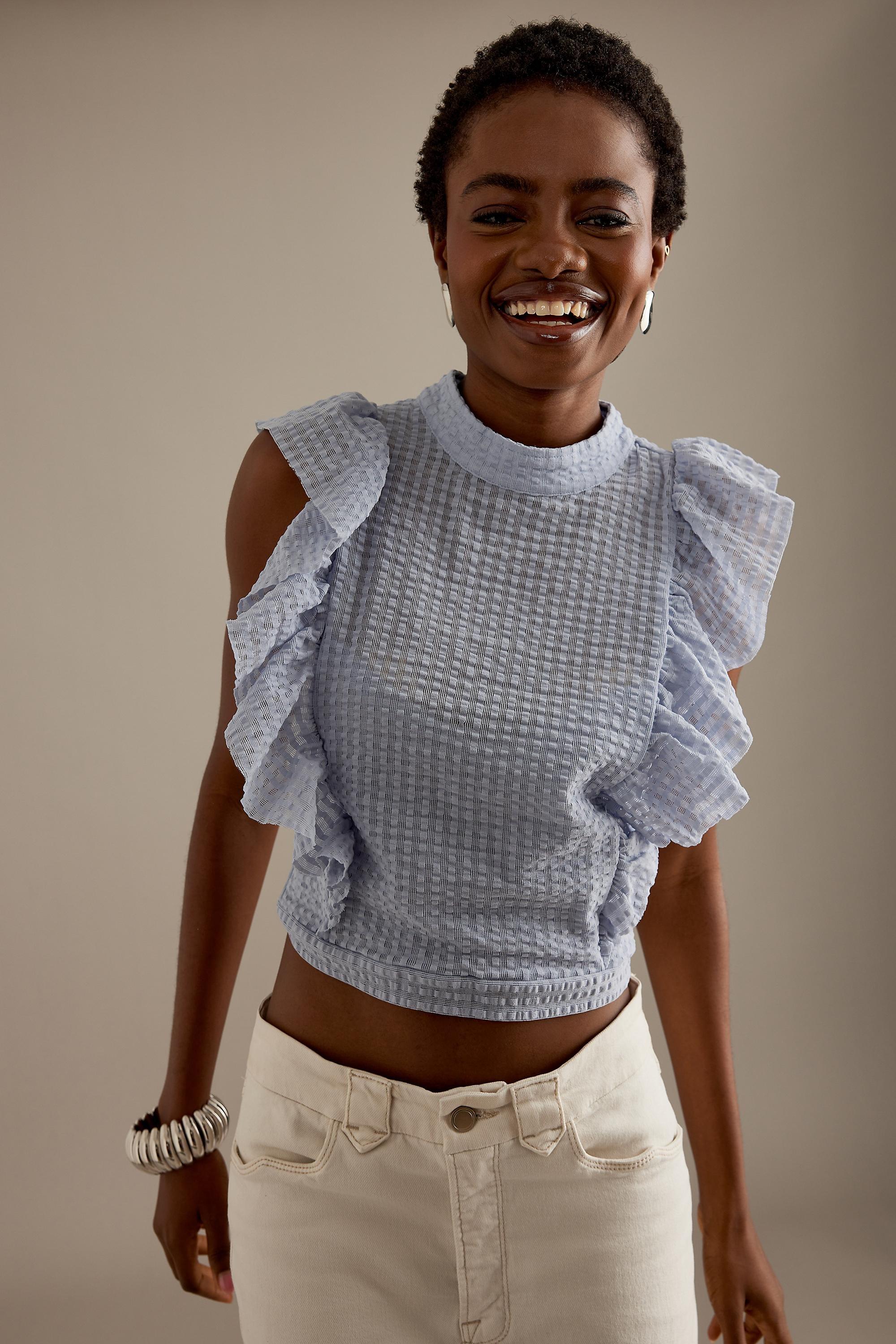 Anthropologie Frills Ruffle Crop Top, Blue, , large image number 3