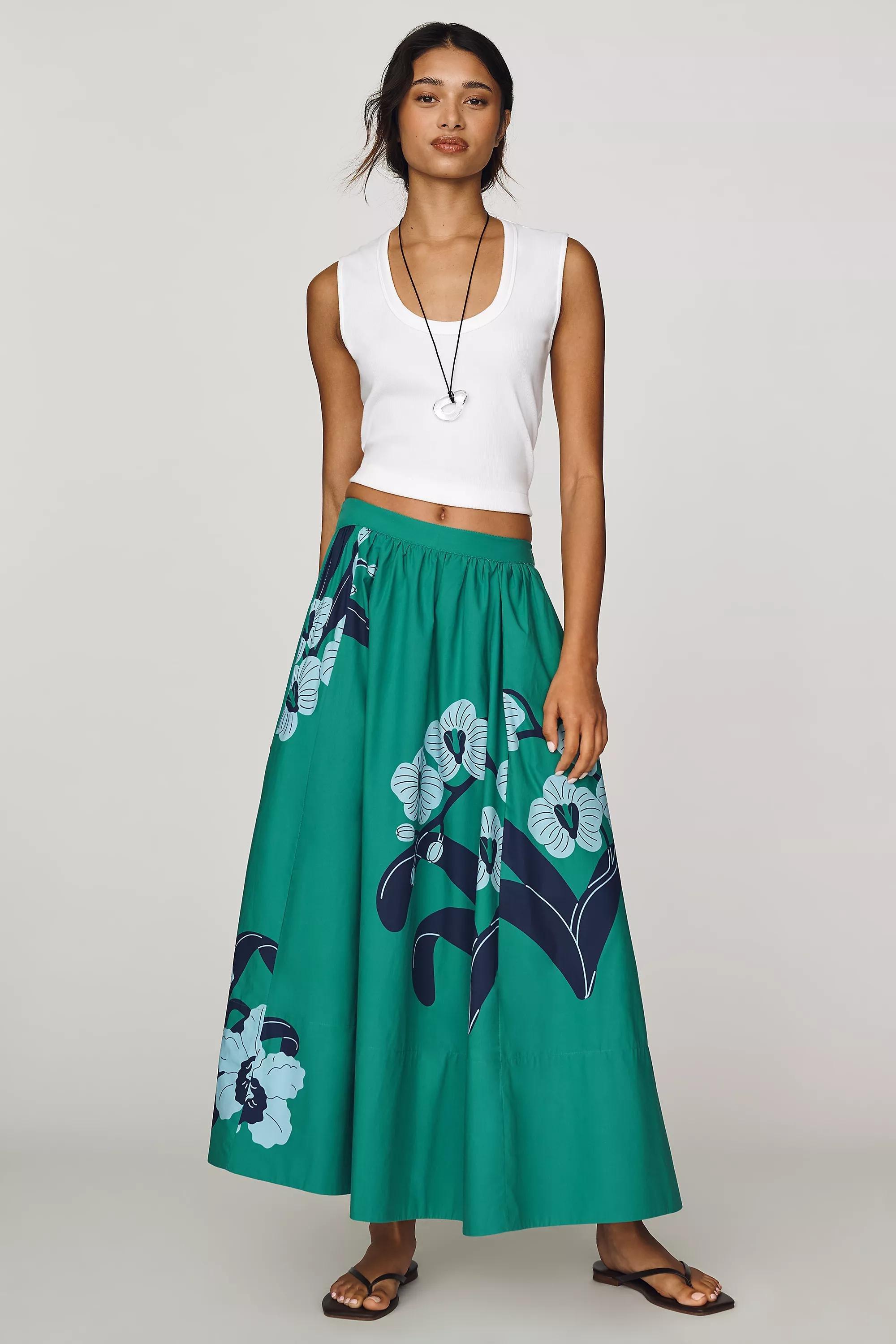 Jacie Poplin Printed Maxi Skirt by Maeve, Green, medium