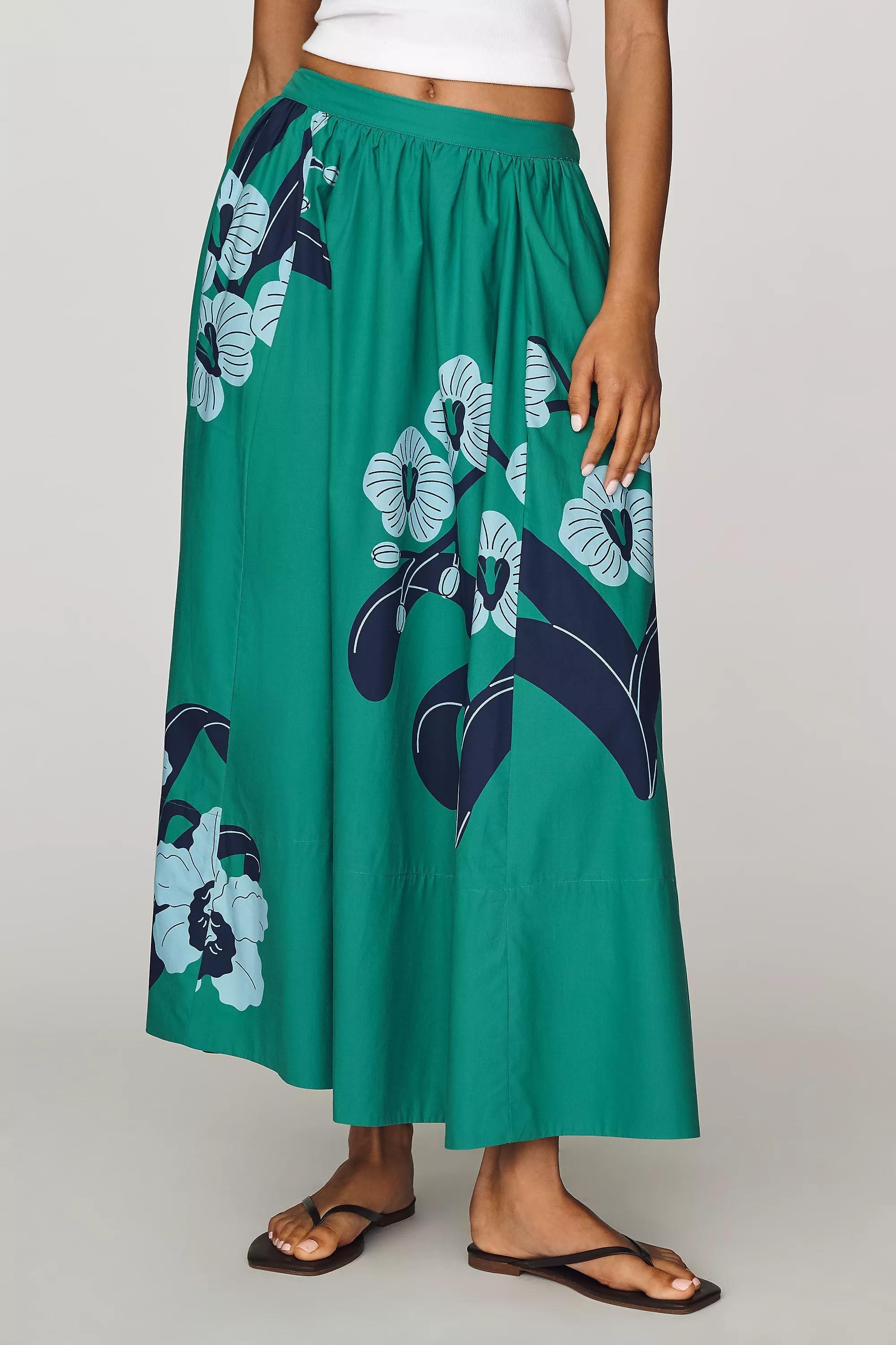 Jacie Poplin Printed Maxi Skirt by Maeve, Green, medium