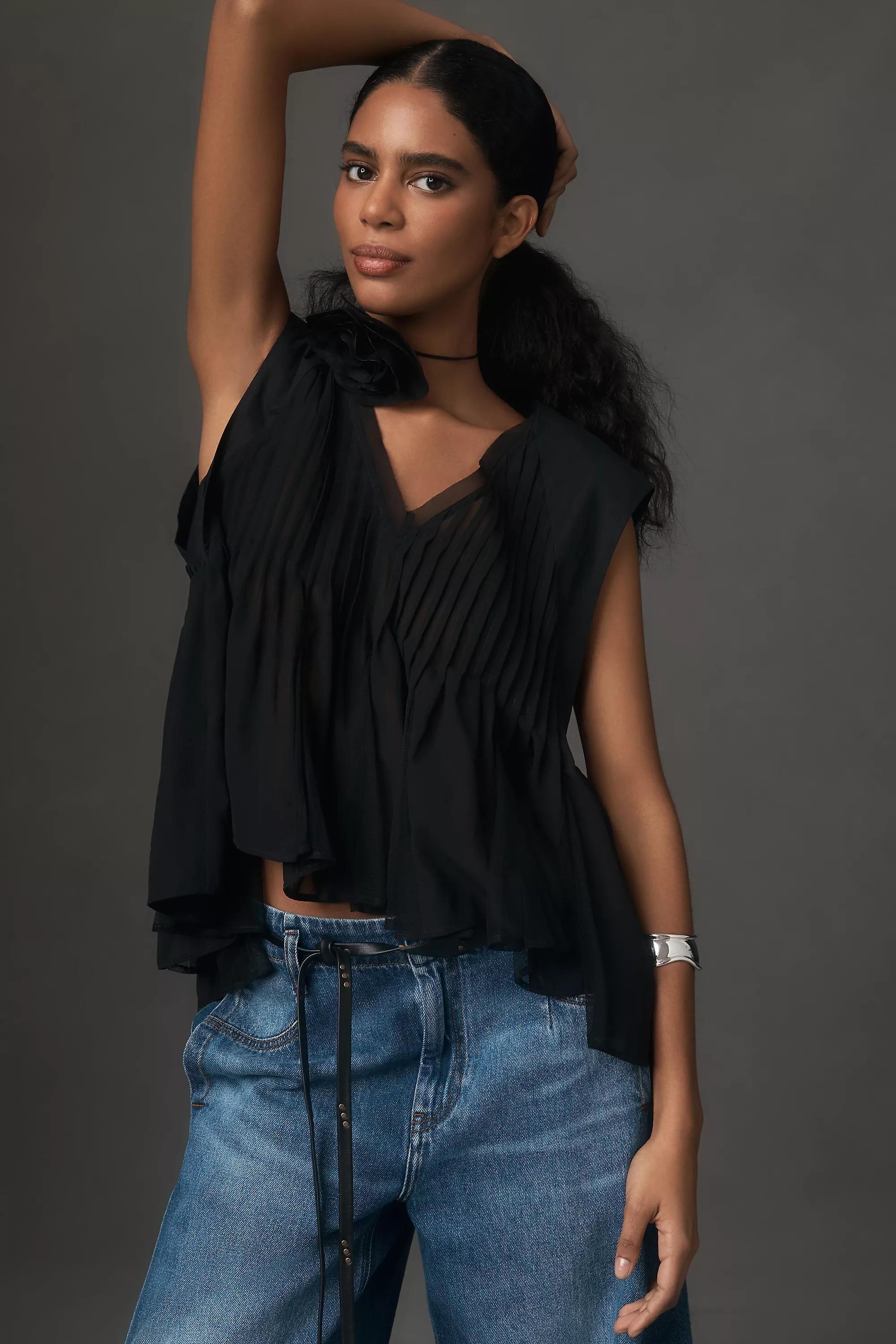 By Anthropologie Cap-Sleeve Babydoll Top, Black, , large image number 1