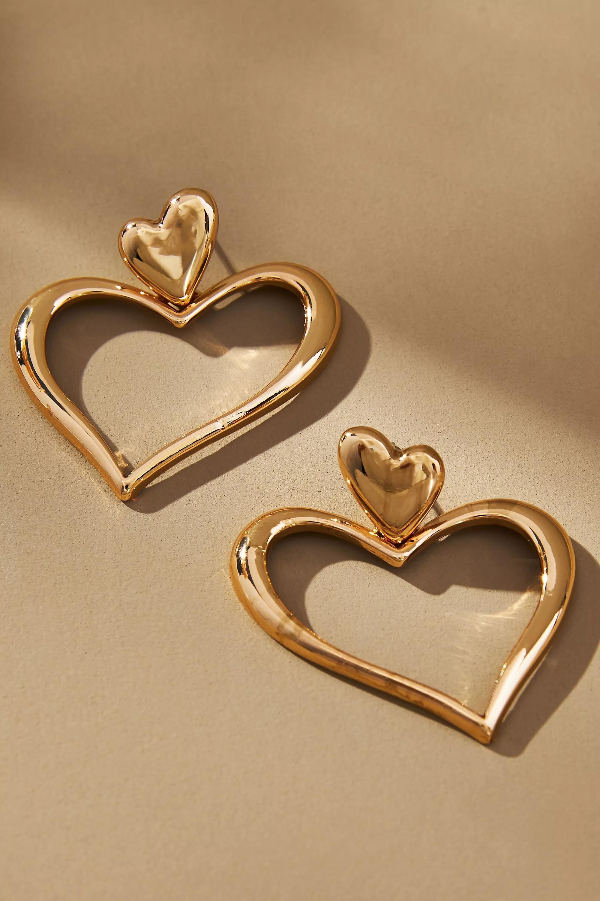 Open Heart Drop Earrings, Gold, A501_0070, large image number 0
