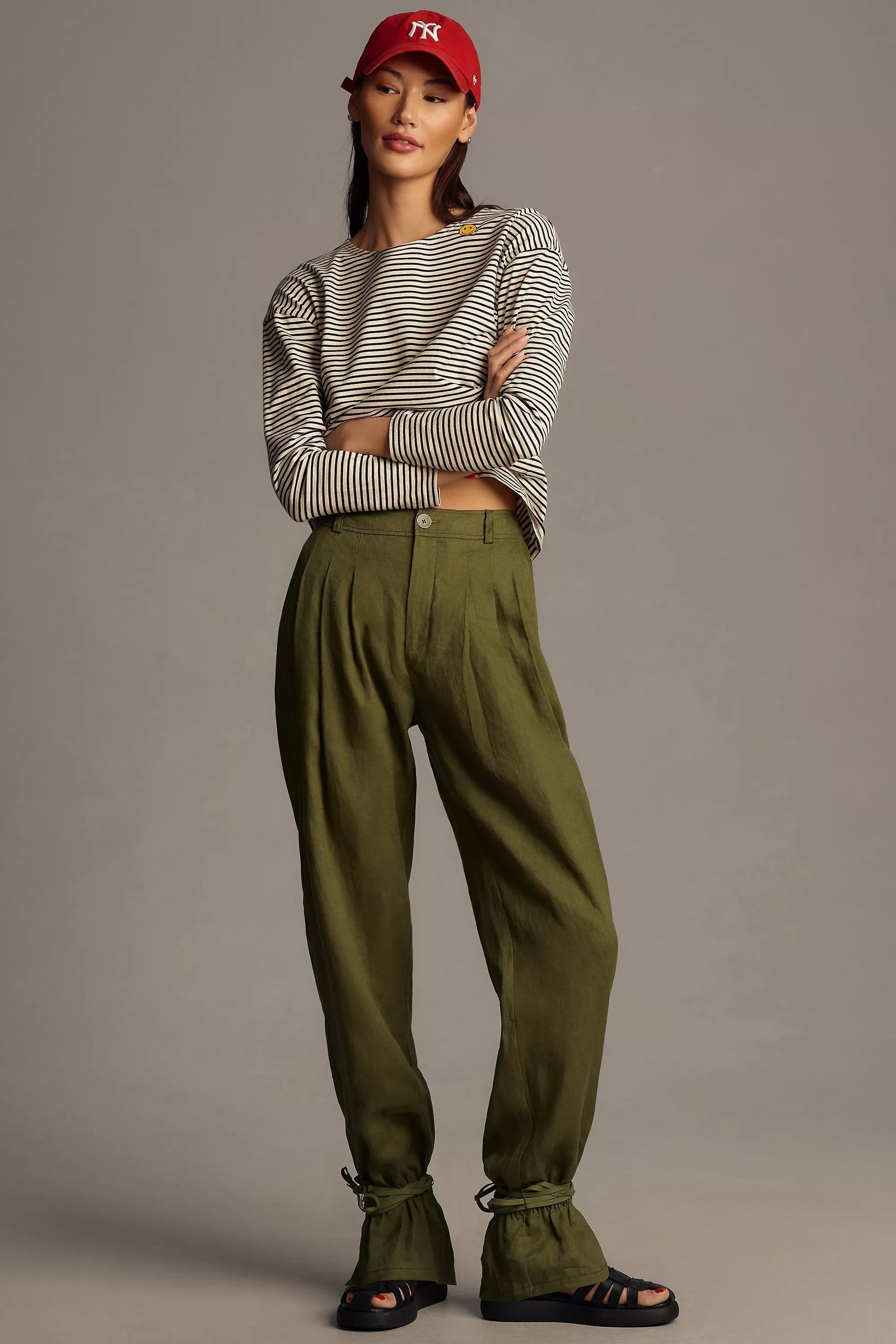 By Anthropologie Ankle-Tie Linen Trousers, Green, , large image number 0