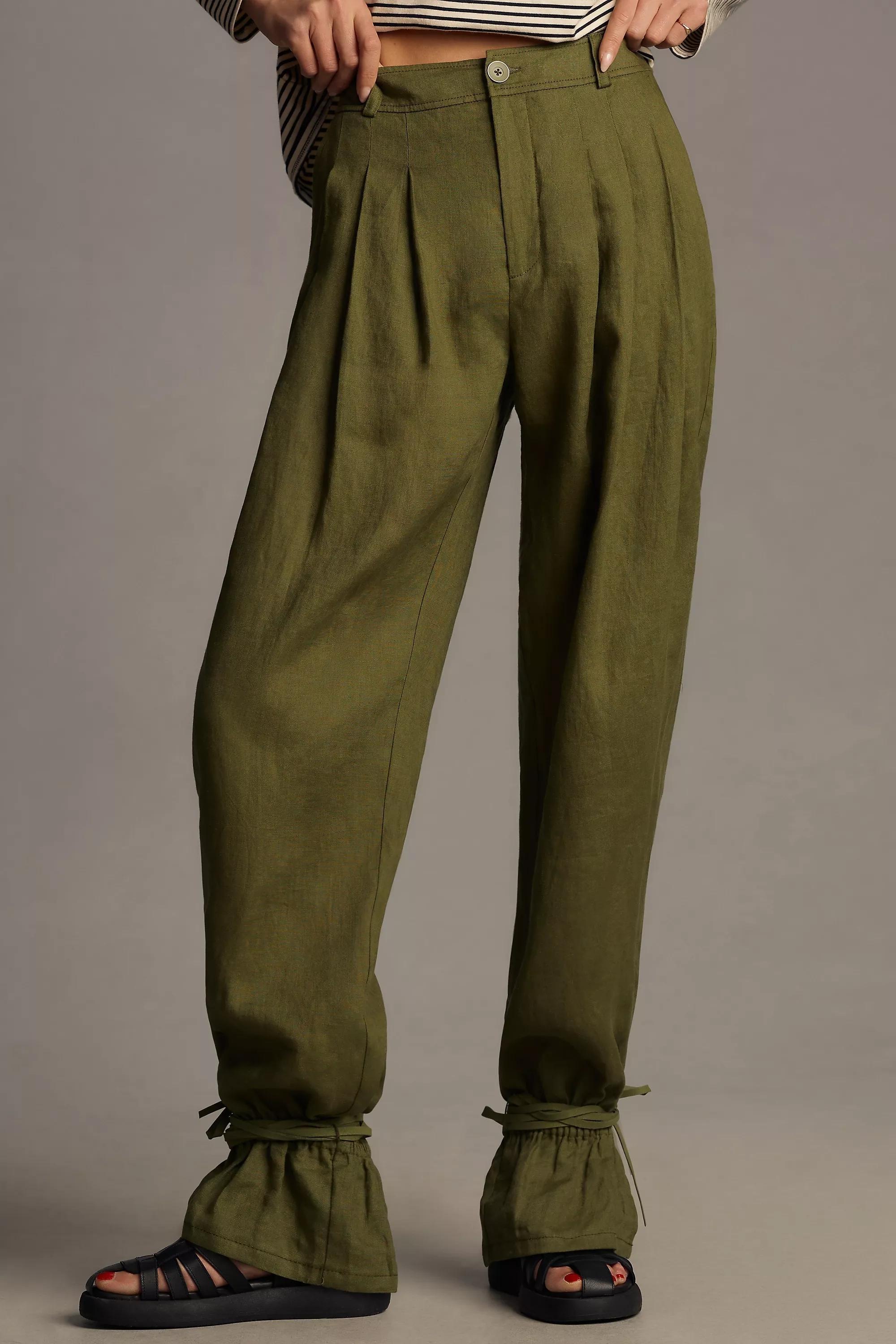 By Anthropologie Ankle-Tie Linen Trousers, Green, , large image number 1