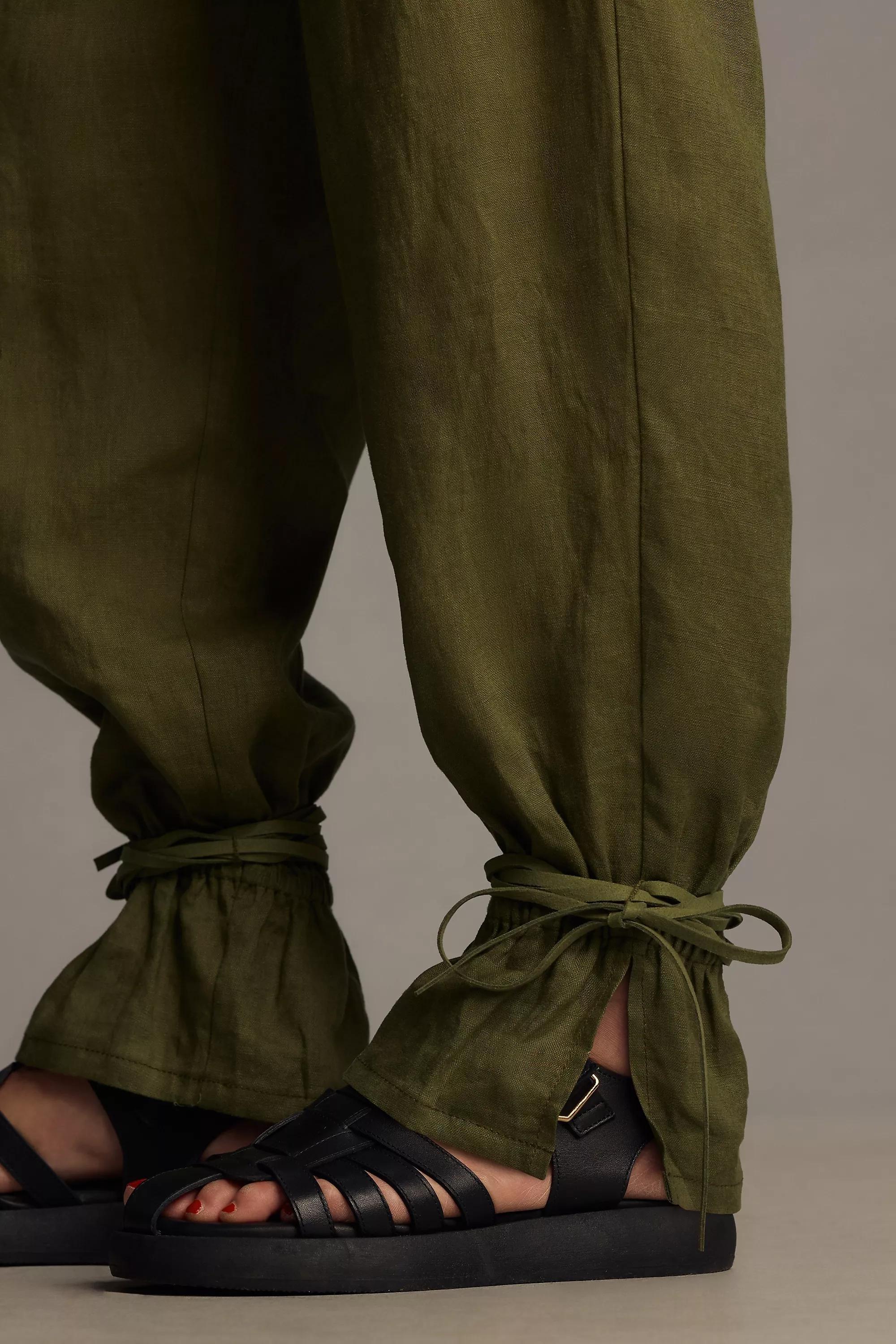 By Anthropologie Ankle-Tie Linen Trousers, Green, , large image number 3