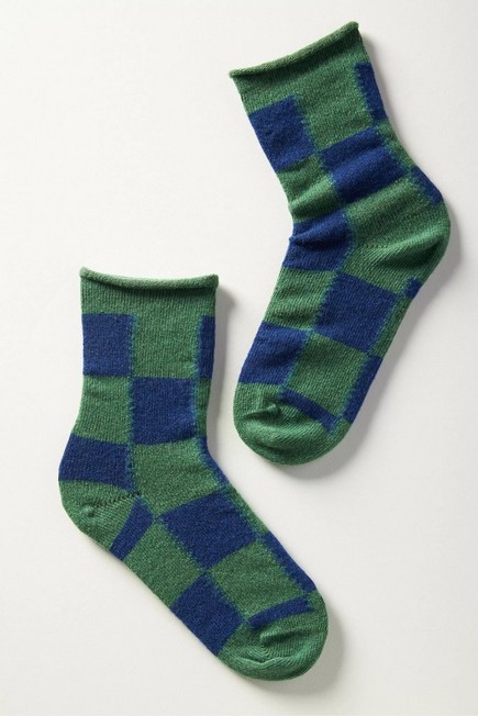 Anthropologie - Plush Checkerboard Print Socks, Green