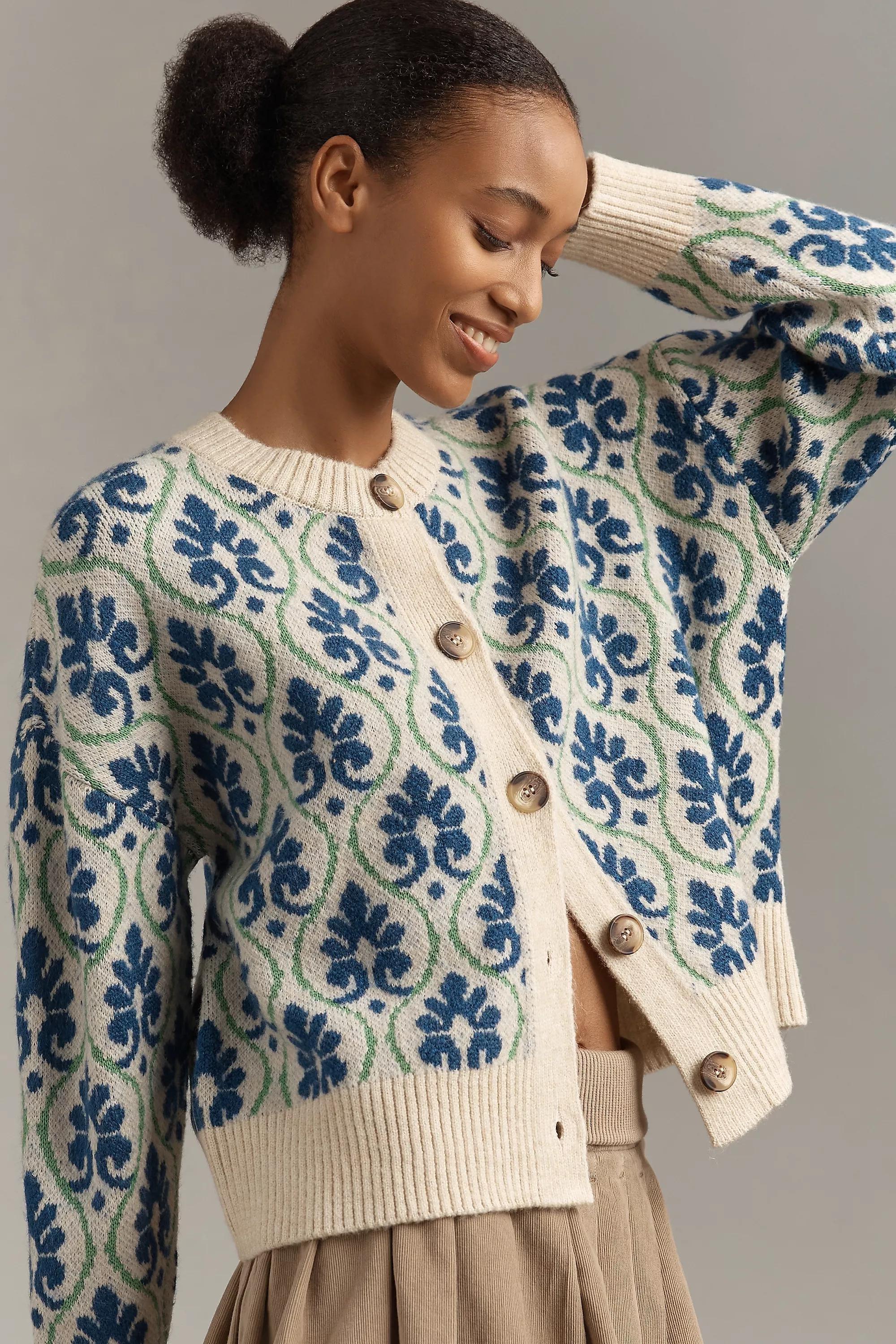 Anthropologie Floral Embroidered Cardigan, Blue, , large image number 0