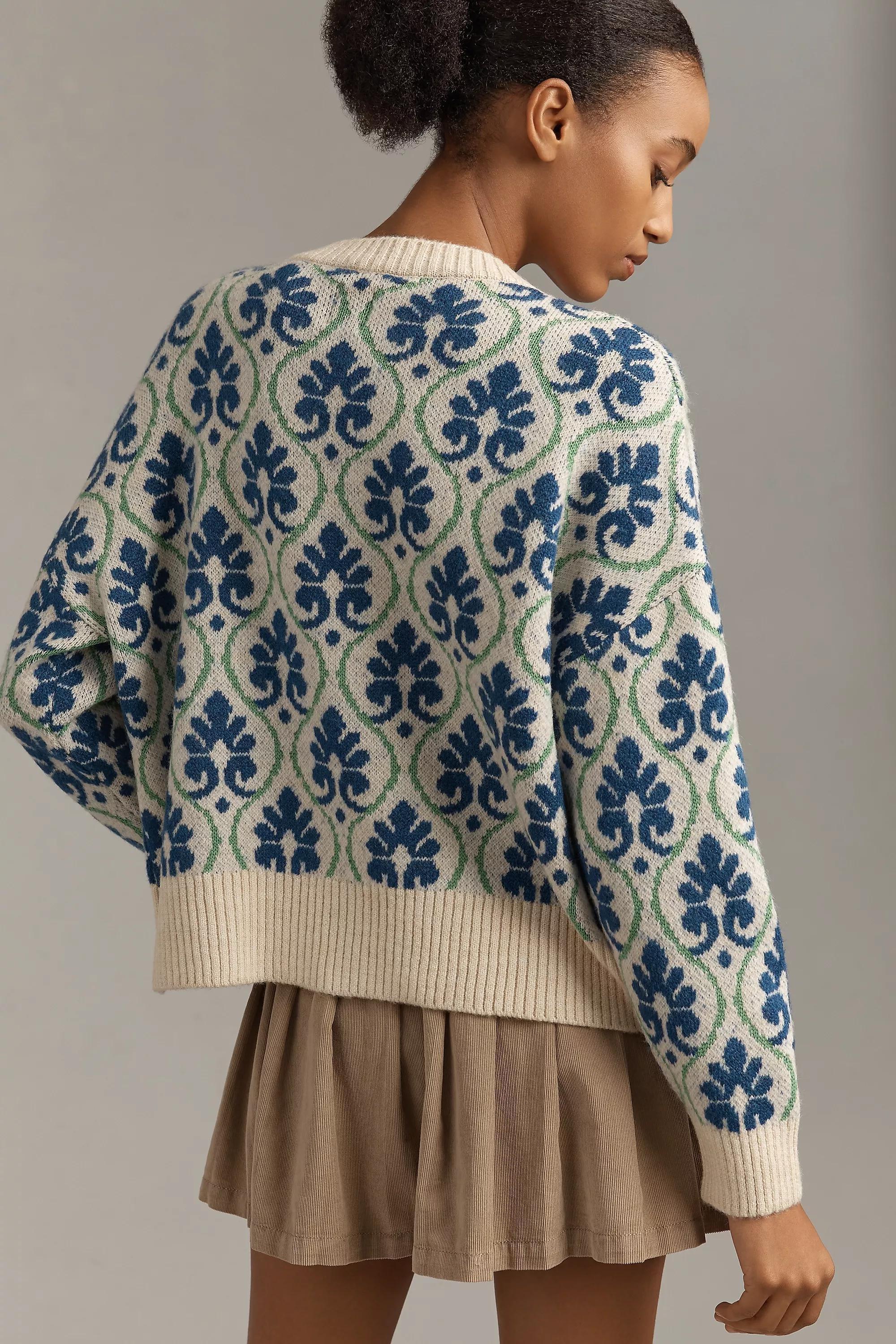 Anthropologie Floral Embroidered Cardigan, Blue, , large image number 1