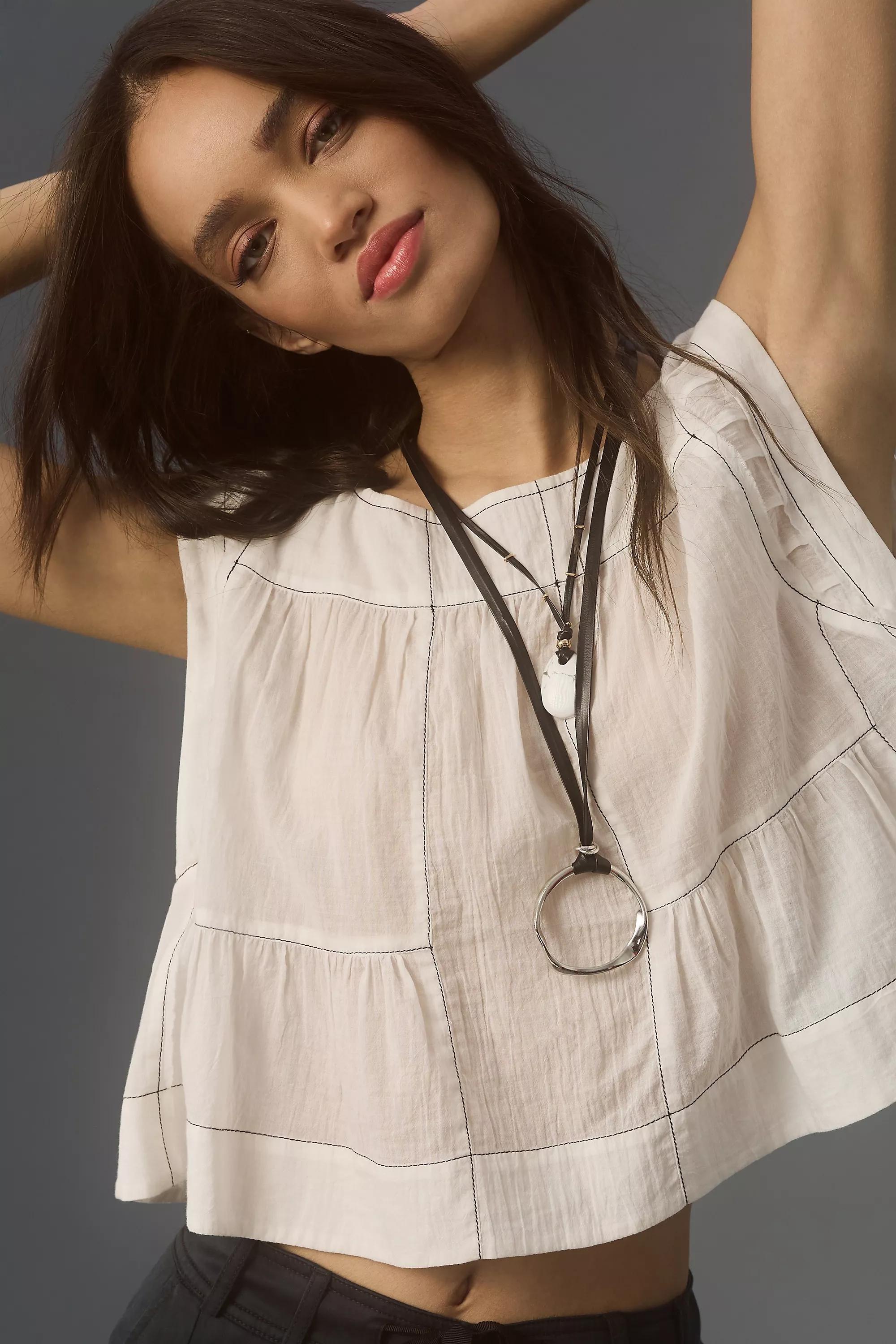 By Anthropologie Cap-Sleeve Cotton Babydoll Blouse, White, , large image number 1