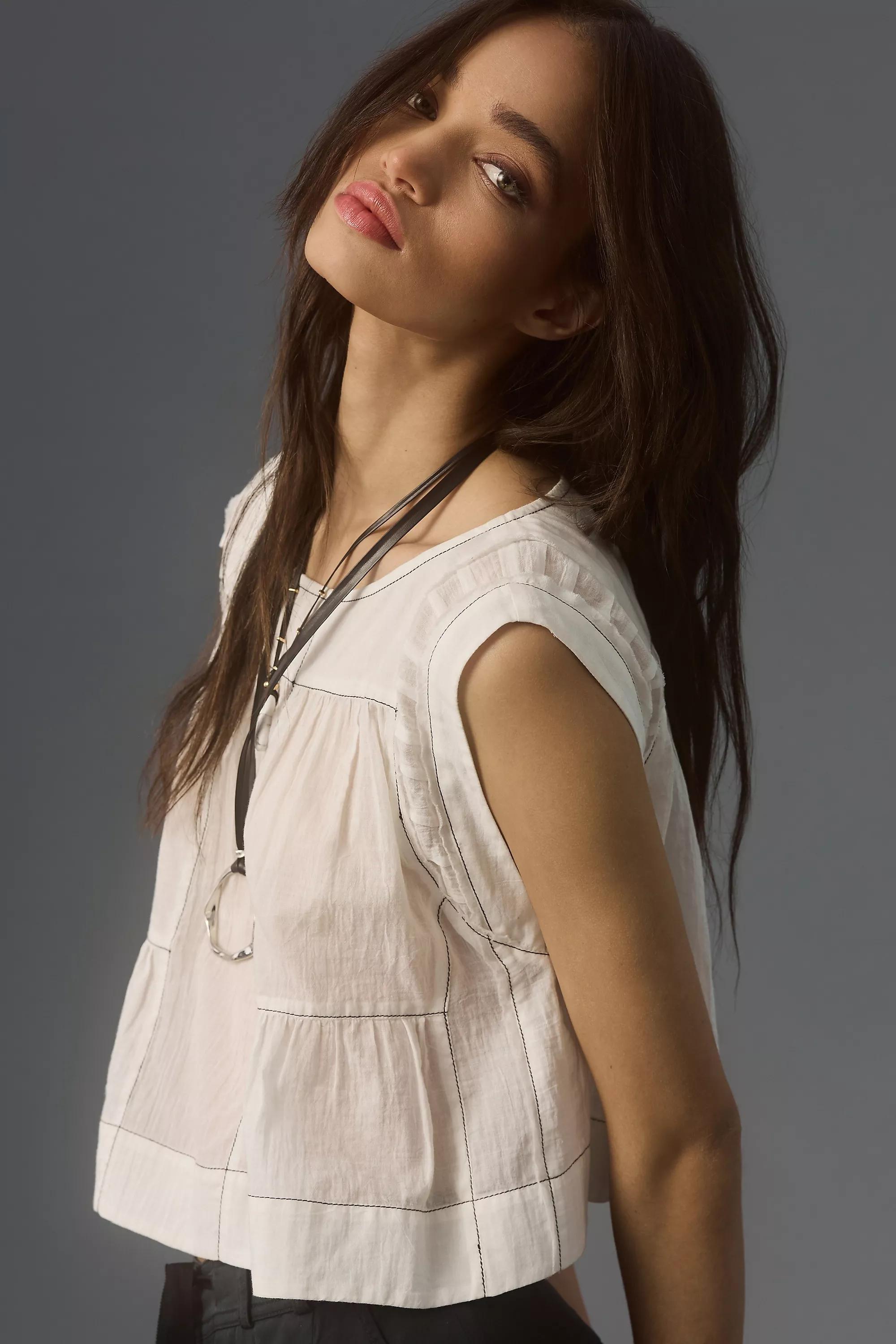 By Anthropologie Cap-Sleeve Cotton Babydoll Blouse, White, , large image number 2