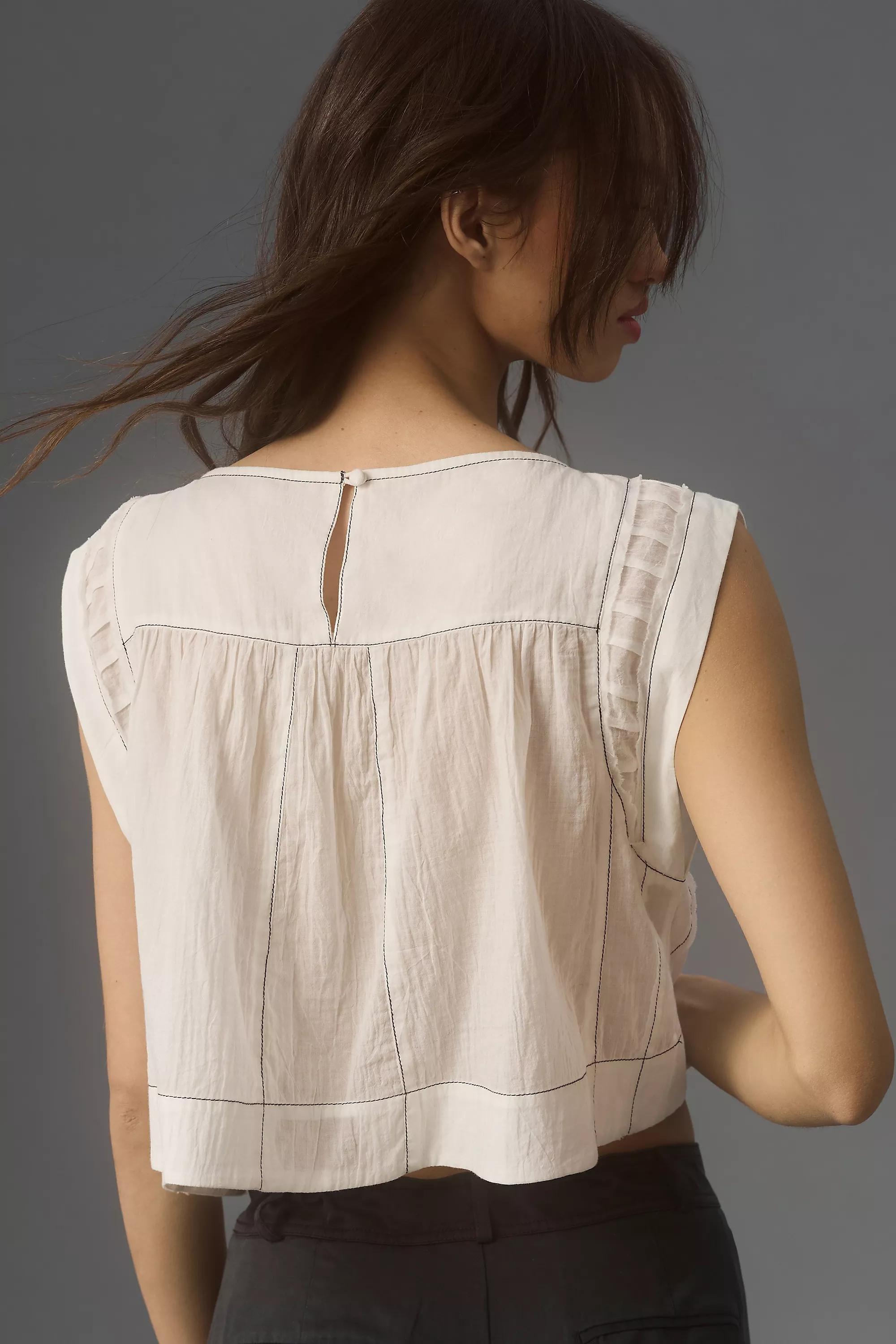 By Anthropologie Cap-Sleeve Cotton Babydoll Blouse, White, , large image number 3