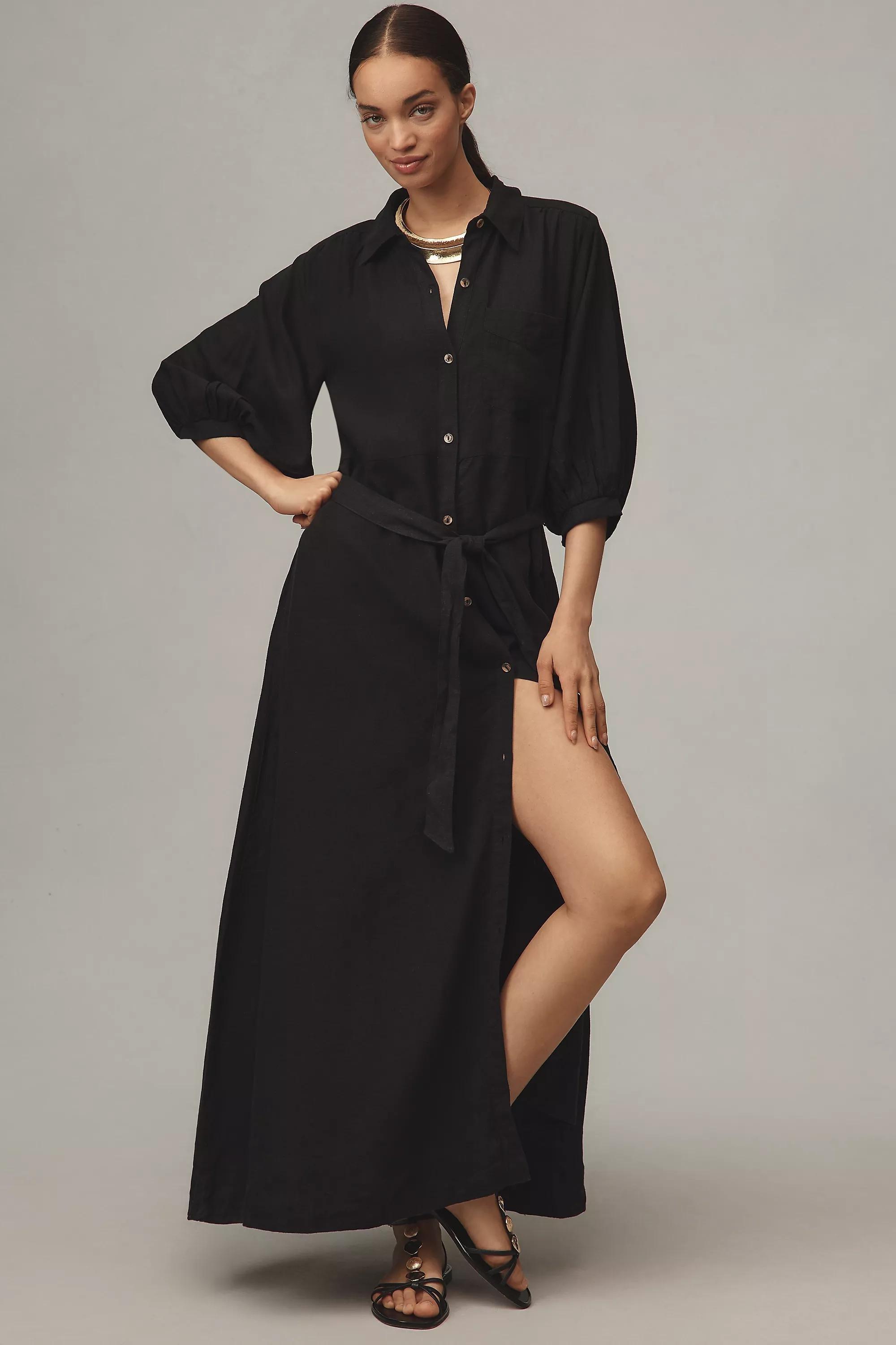 By Maeve Button-Front Belted Wrap Maxi Dress, Black, A501_0001, large image number 0