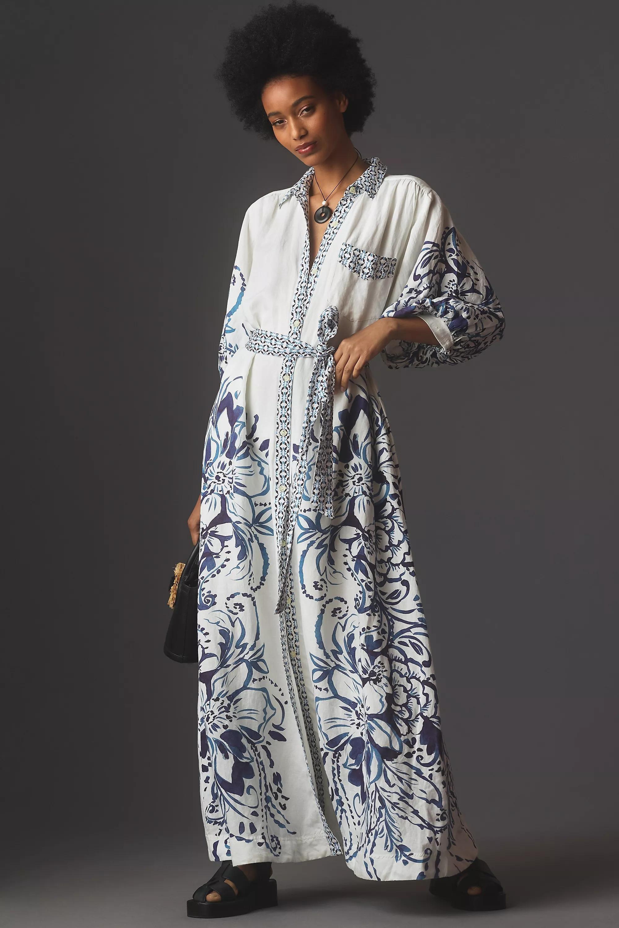Anthropologie - Maeve Button-Front Belted Wrap Maxi Dress, Blue
