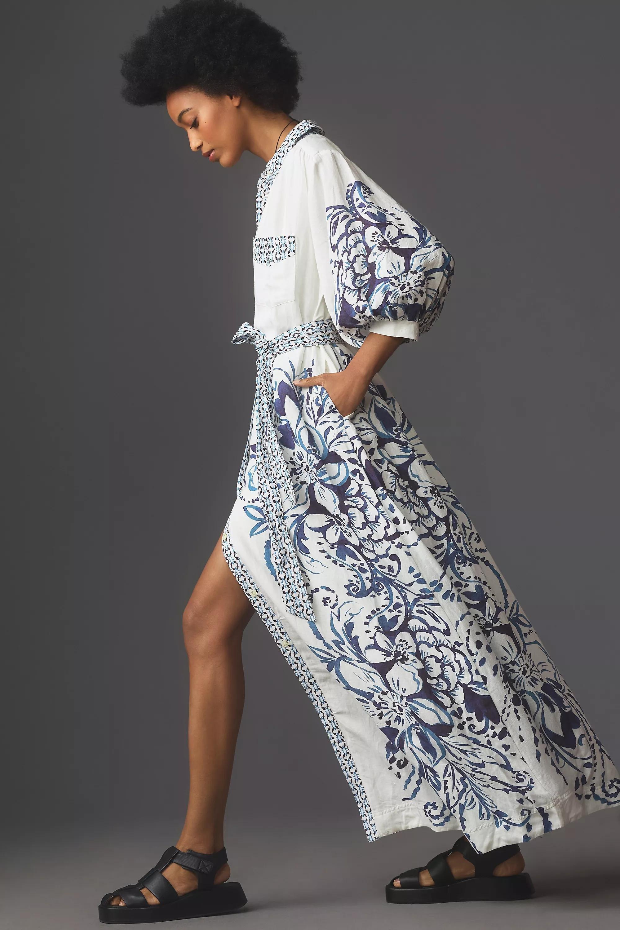 Maeve Button-Front Belted Wrap Maxi Dress, Blue, , large image number 1