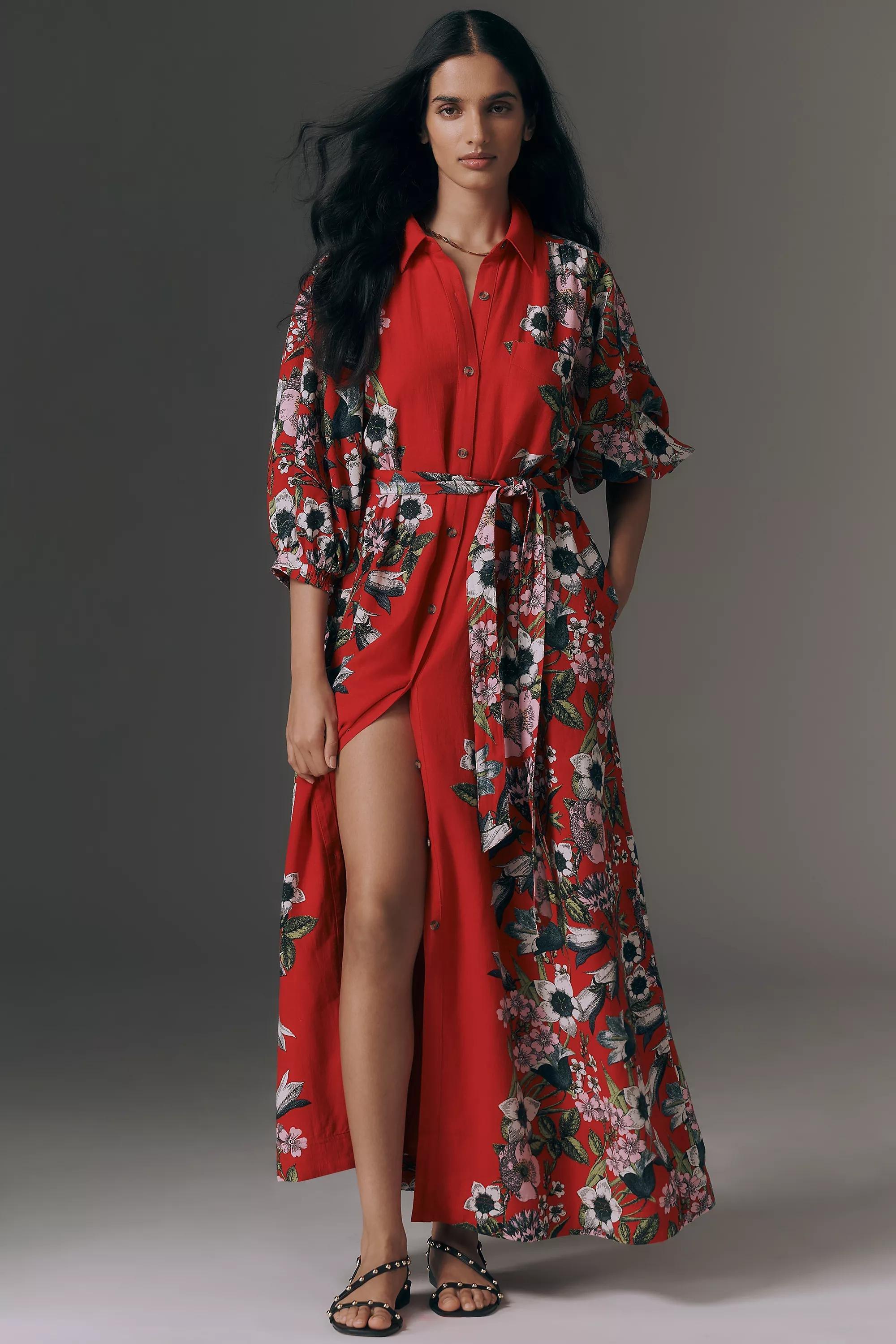 Maeve Button-Front Belted Wrap Maxi Dress, Red, Red, large image number 0