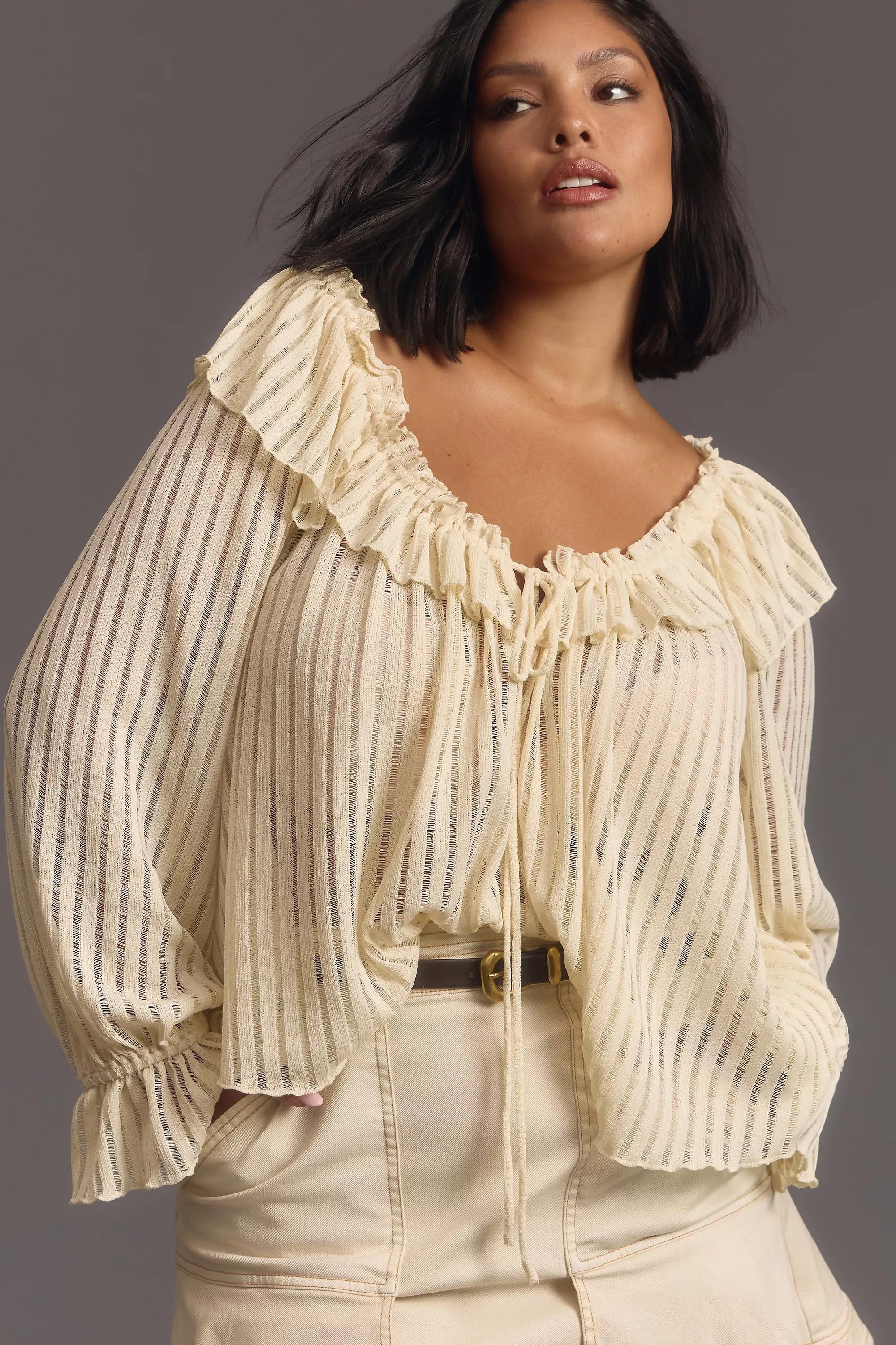 Long-Sleeve Sheer Striped Crop Blouse, Cream, , large image number 0