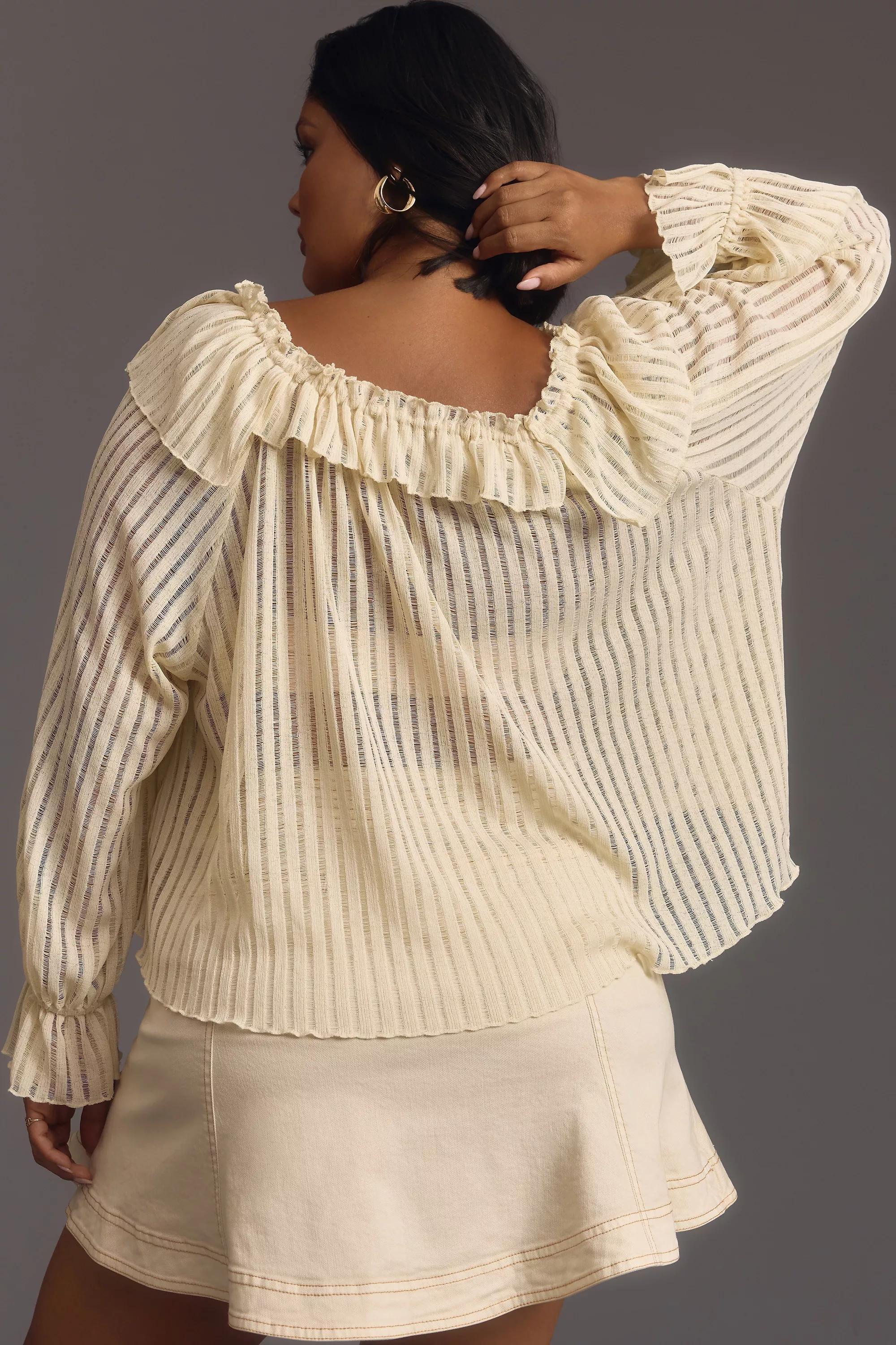 Long-Sleeve Sheer Striped Crop Blouse, Cream, , large image number 1