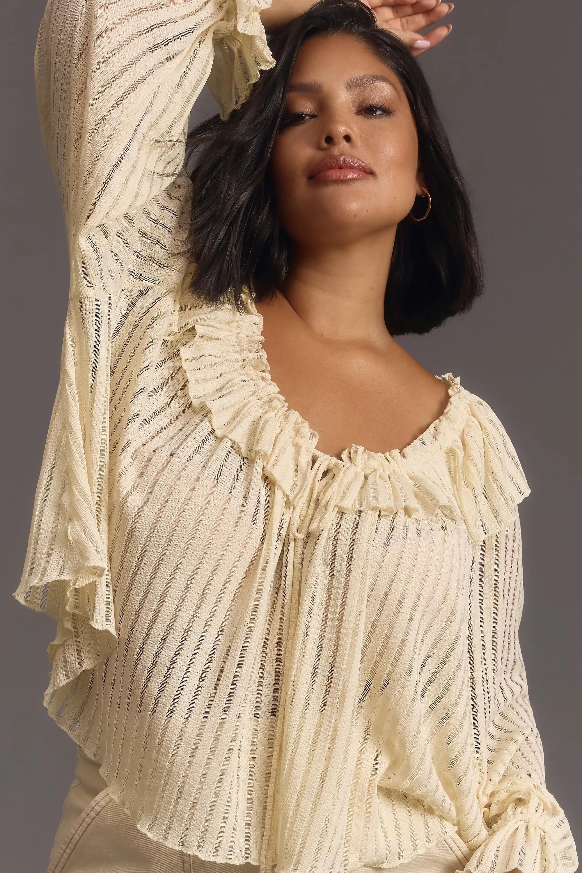 Long-Sleeve Sheer Striped Crop Blouse, Cream, , large image number 3
