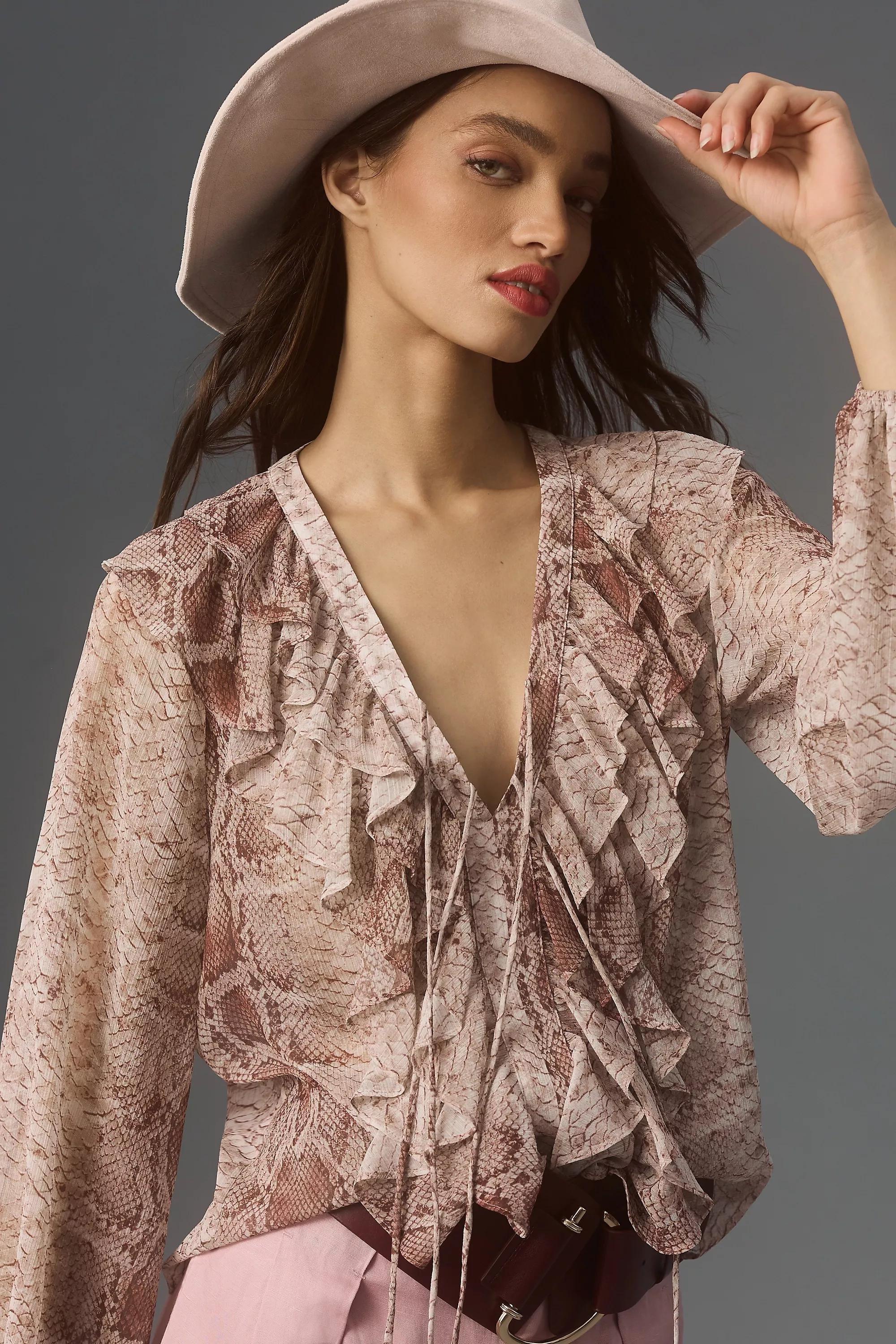 By Anthropologie Long-Sleeve Ruffled Blouse, Brown, , large image number 1