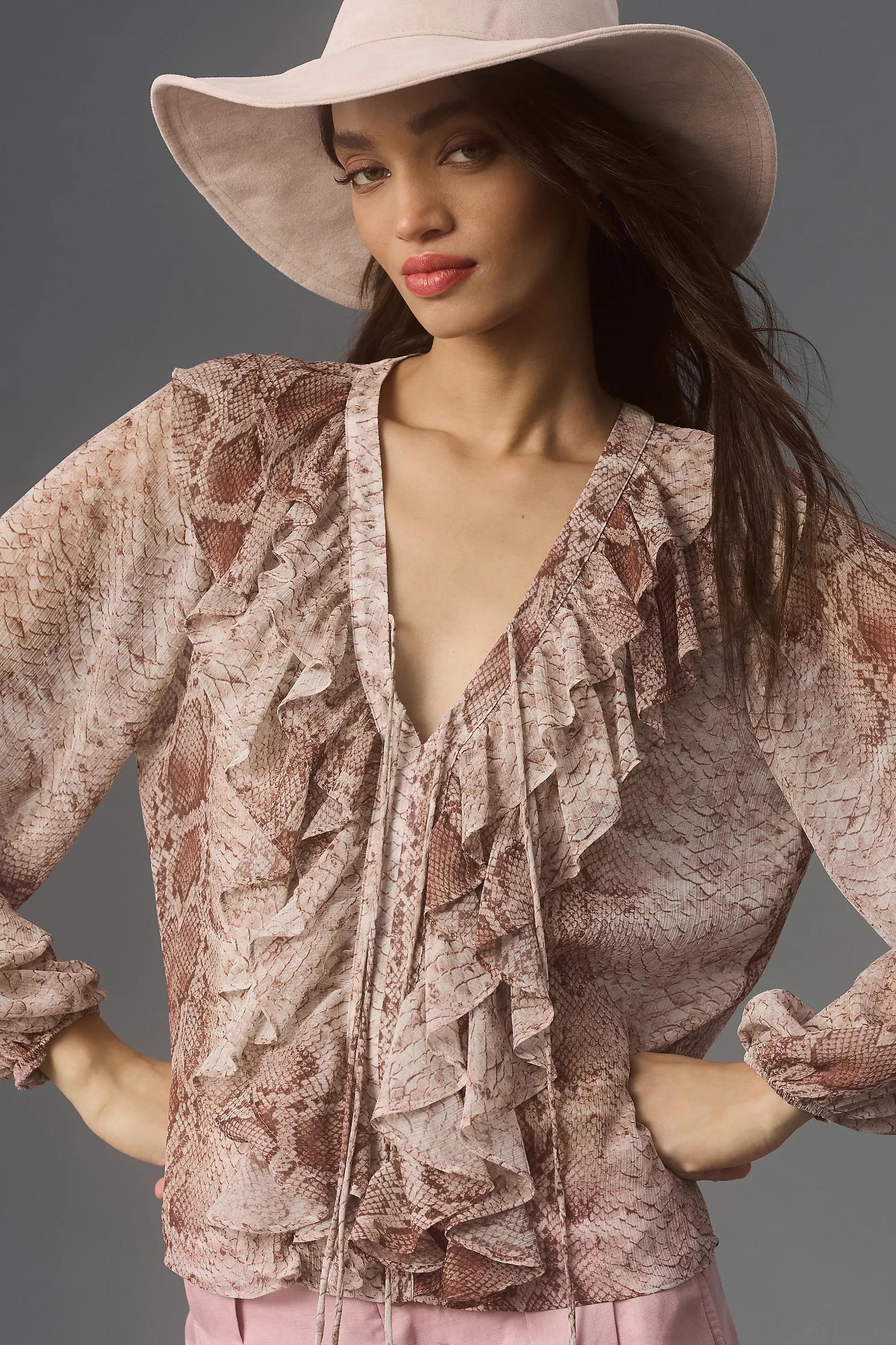 By Anthropologie Long-Sleeve Ruffled Blouse, Brown, , large image number 3