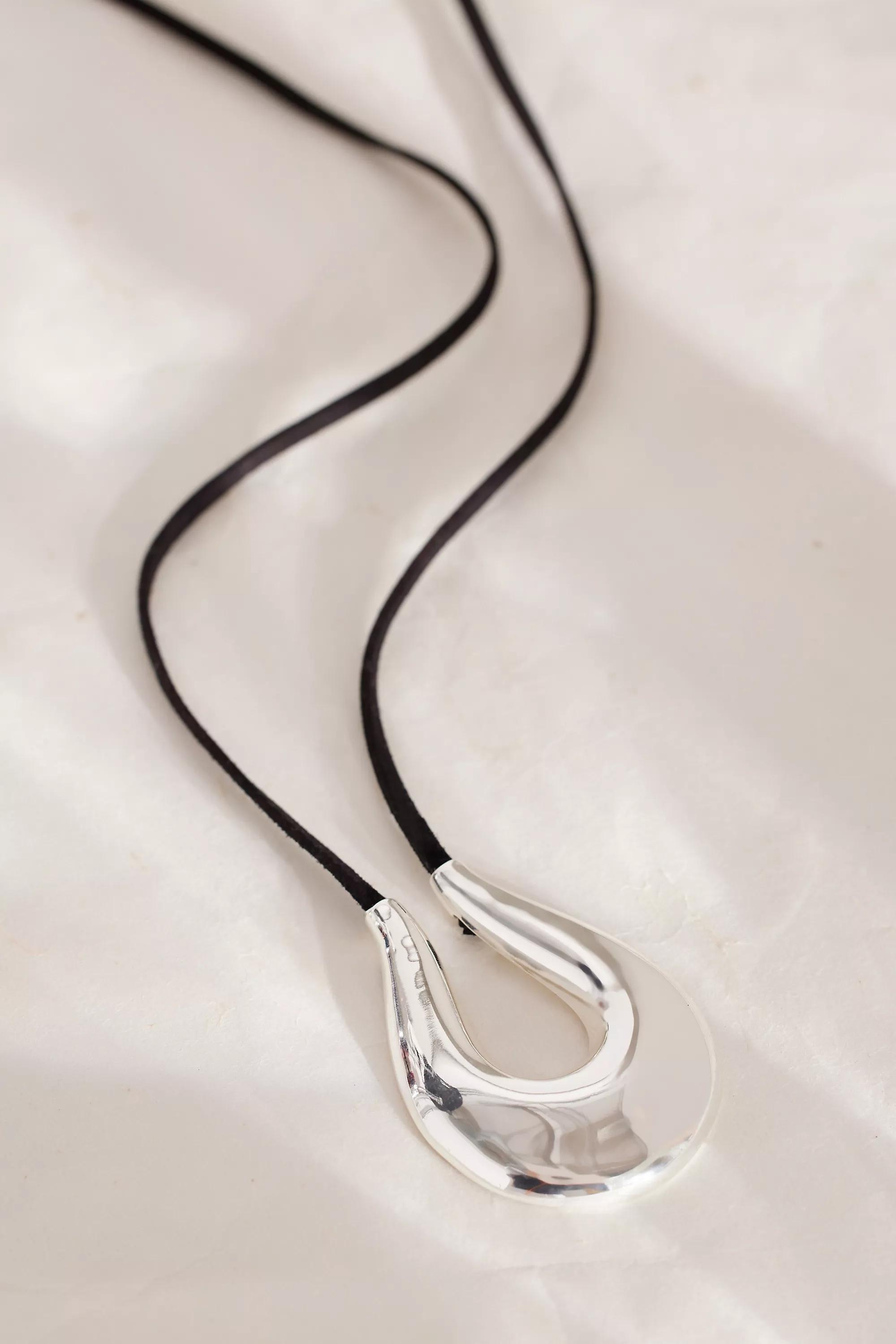Structural U-Pendant Velvet Cord Necklace, Silver, A501_0007, large image number 1
