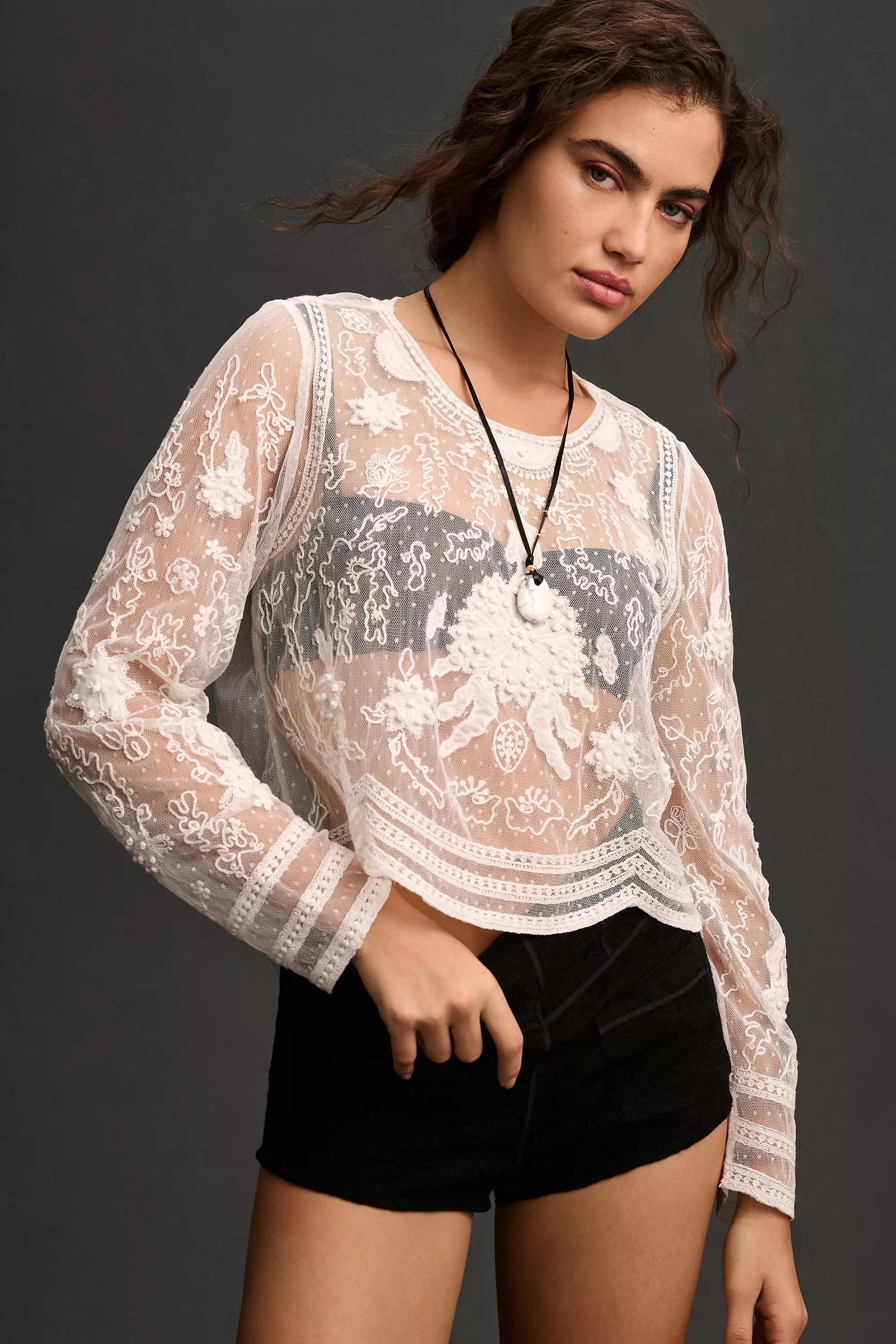 Anthropologie - By Anthropologie Long-Sleeve Mesh Applique Top, White