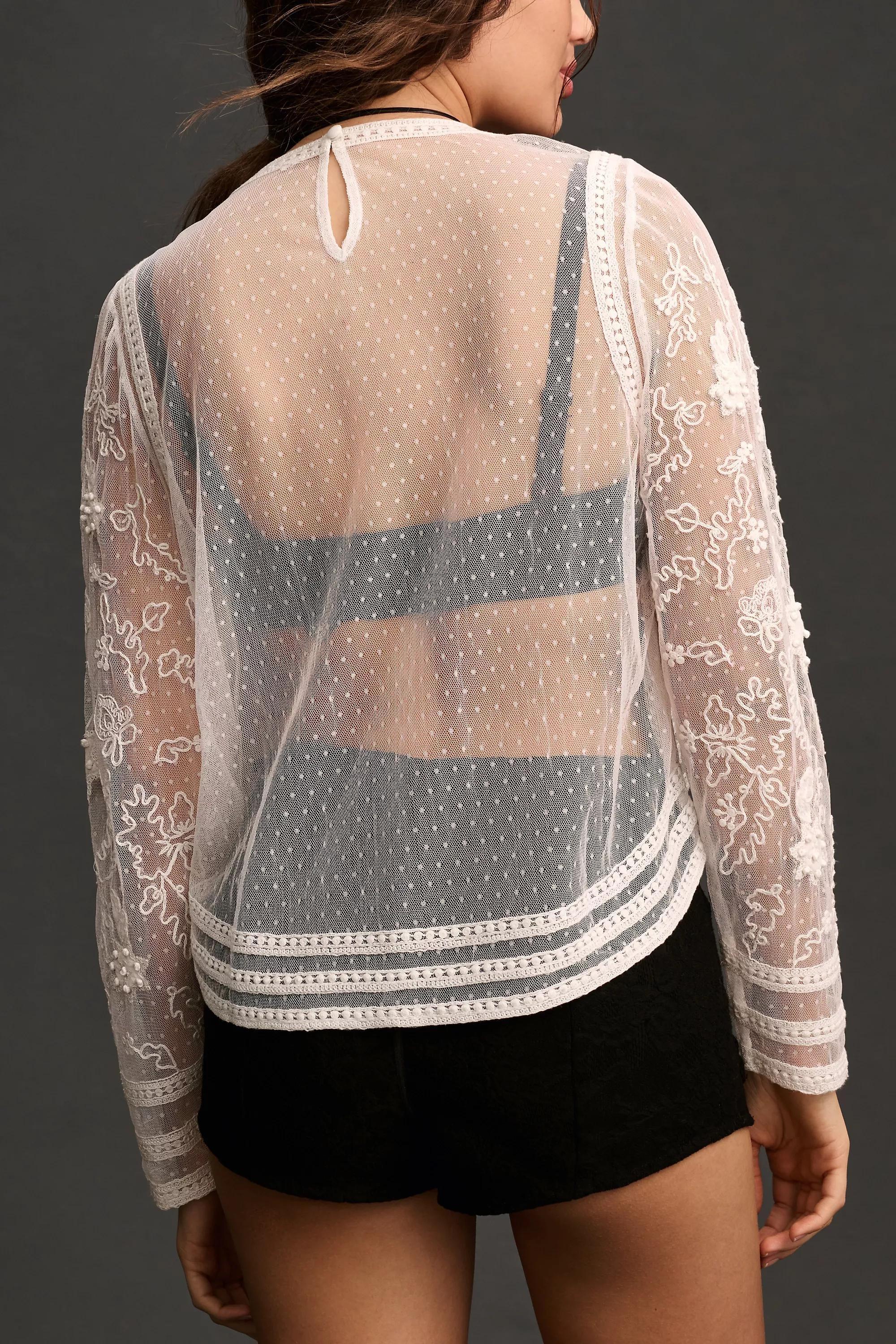 Long-Sleeve Mesh Applique top, White, , large image number 1