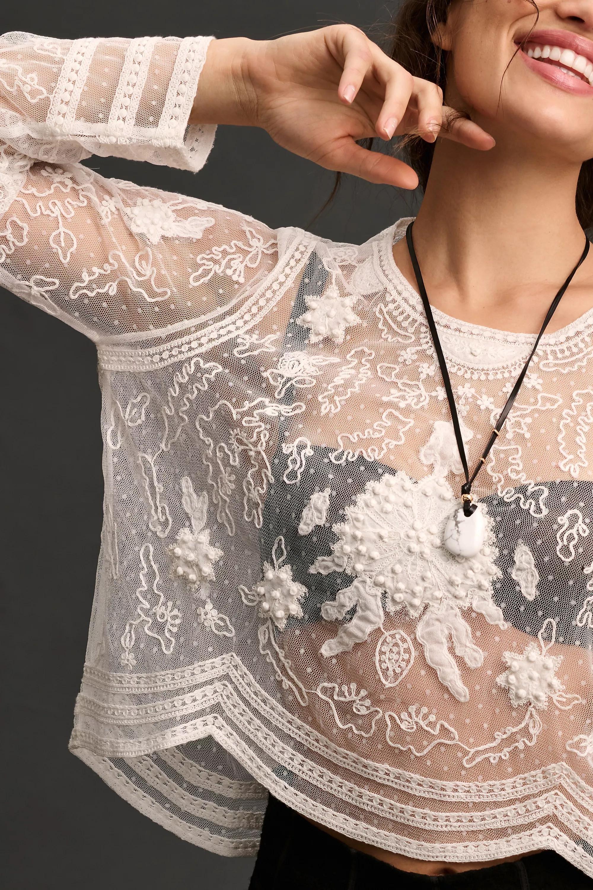 Long-Sleeve Mesh Applique top, White, , large image number 2
