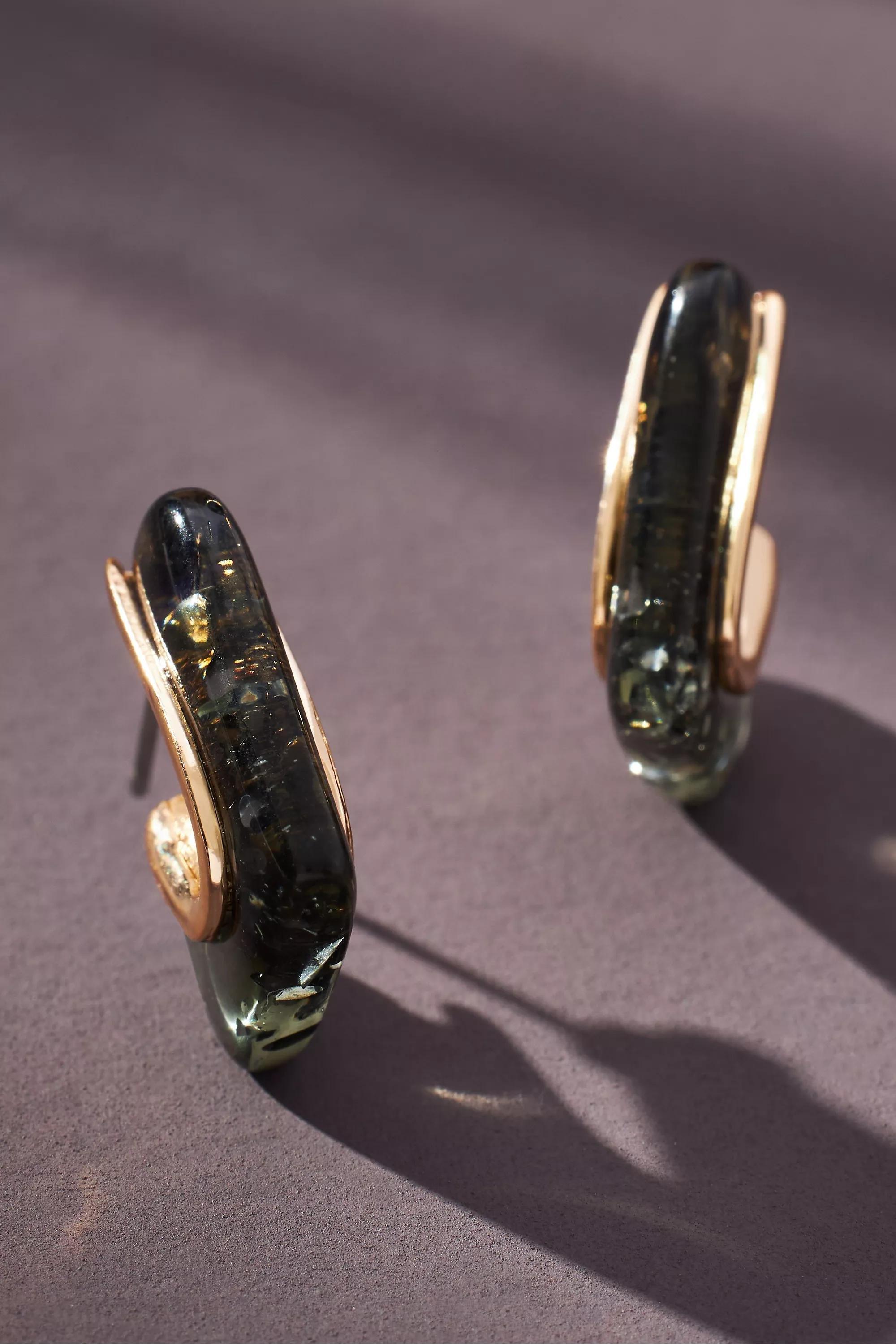 Boho Stone Huggie Earrings, Grey, A501_0004, large image number 0