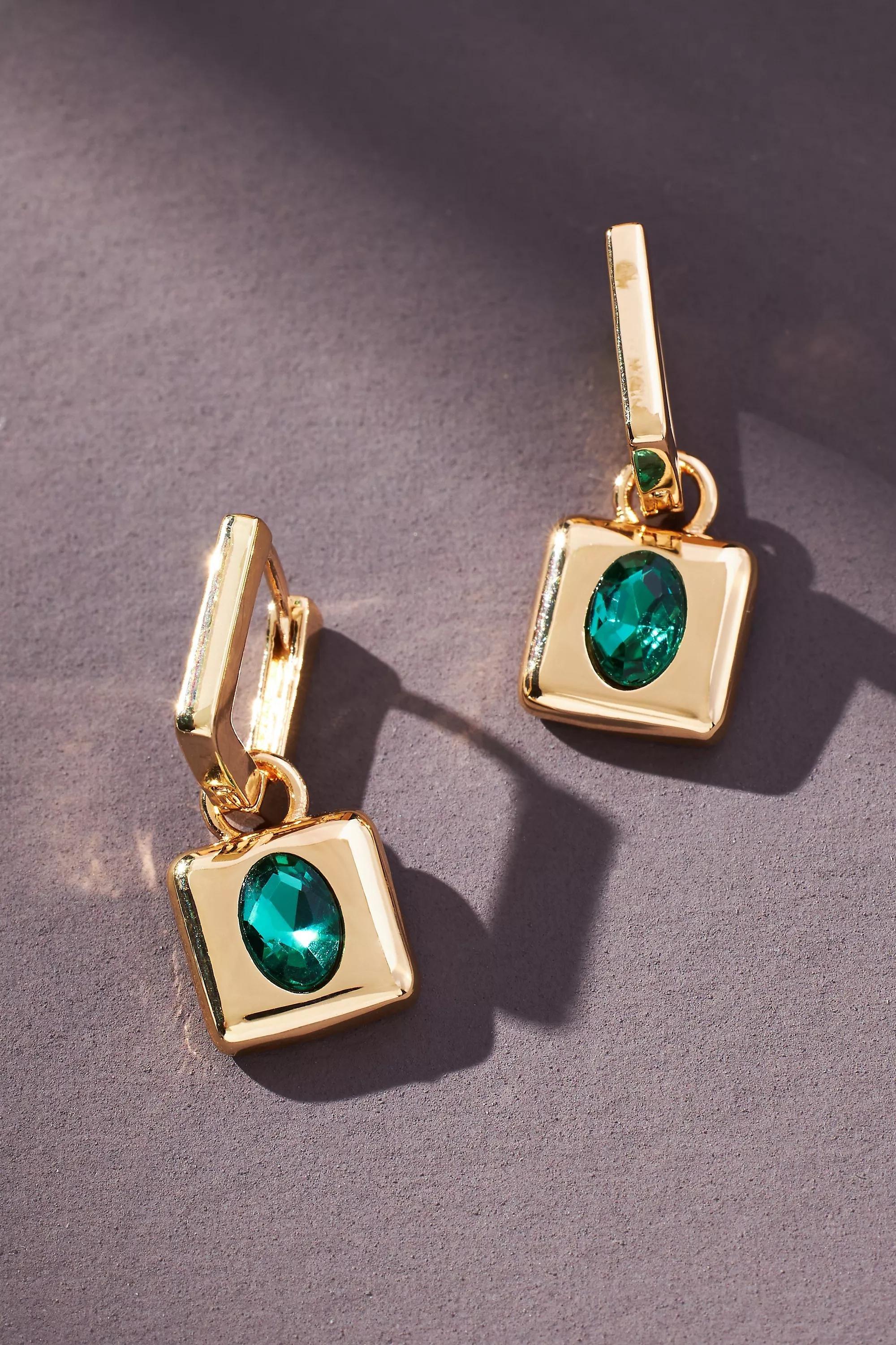 Small Gem Drop Square Huggie Earrings, Green, A501_0030, medium