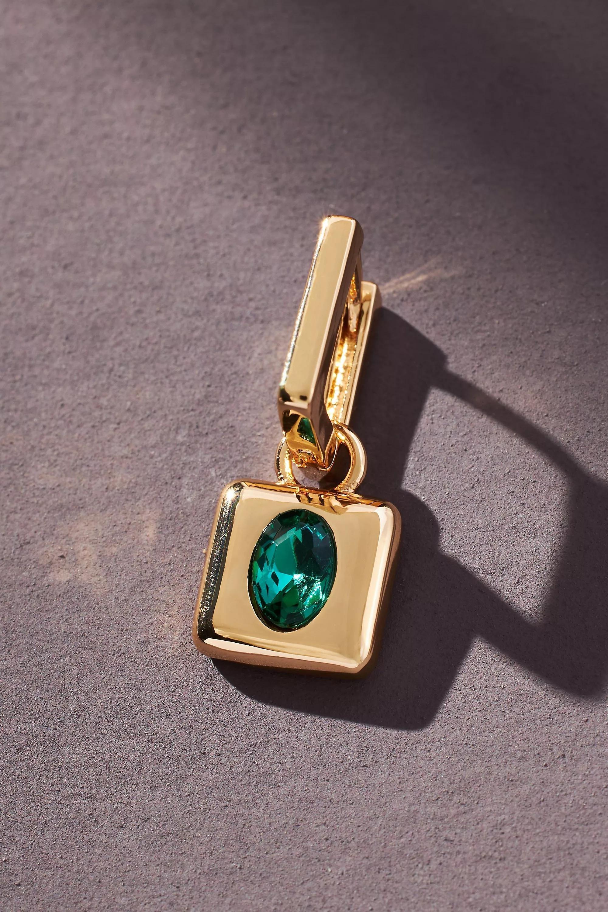 Small Gem Drop Square Huggie Earrings, Green, A501_0030, medium