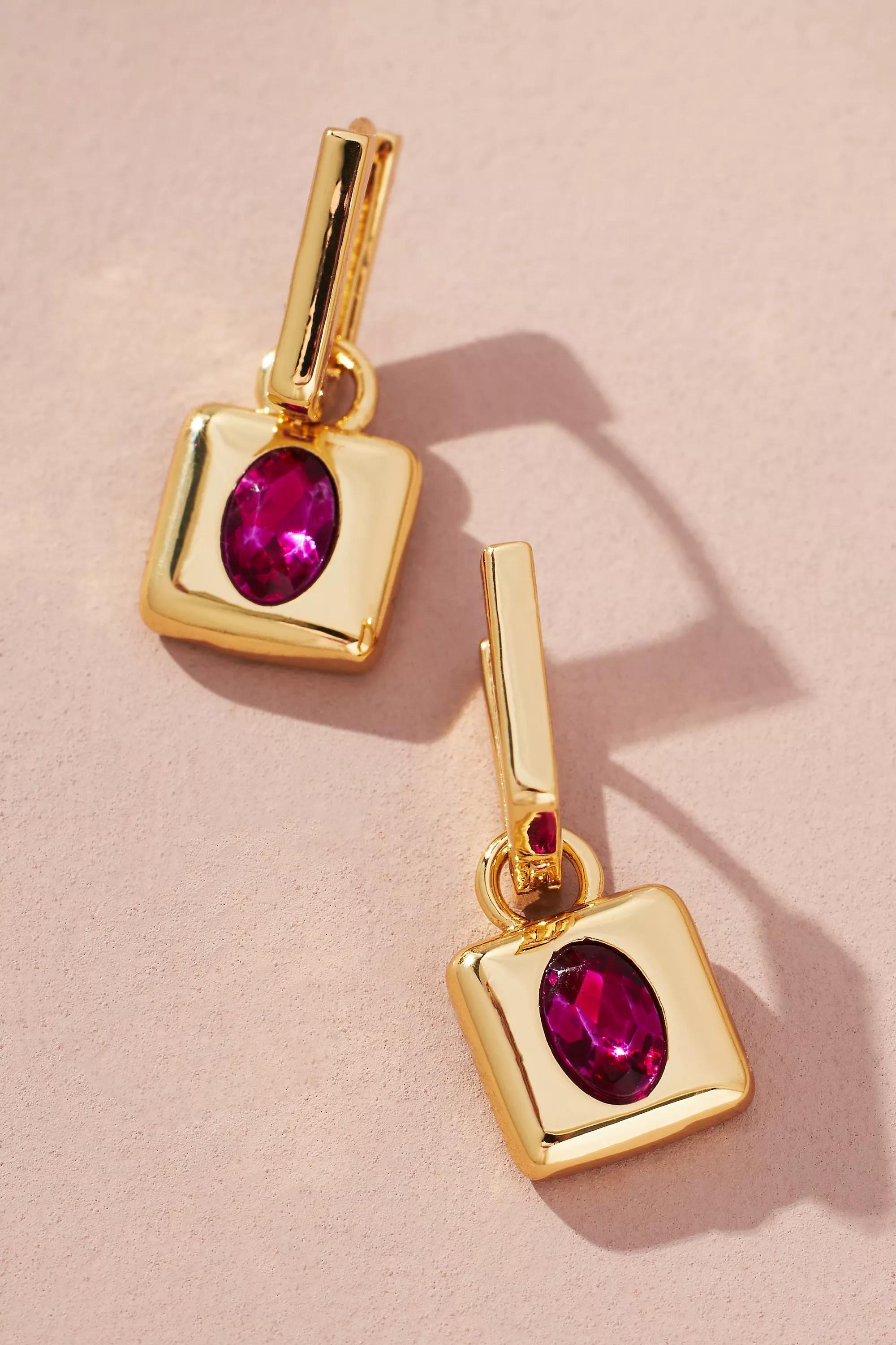 Anthropologie - Small Gem Drop Square Huggie Earrings, Pink