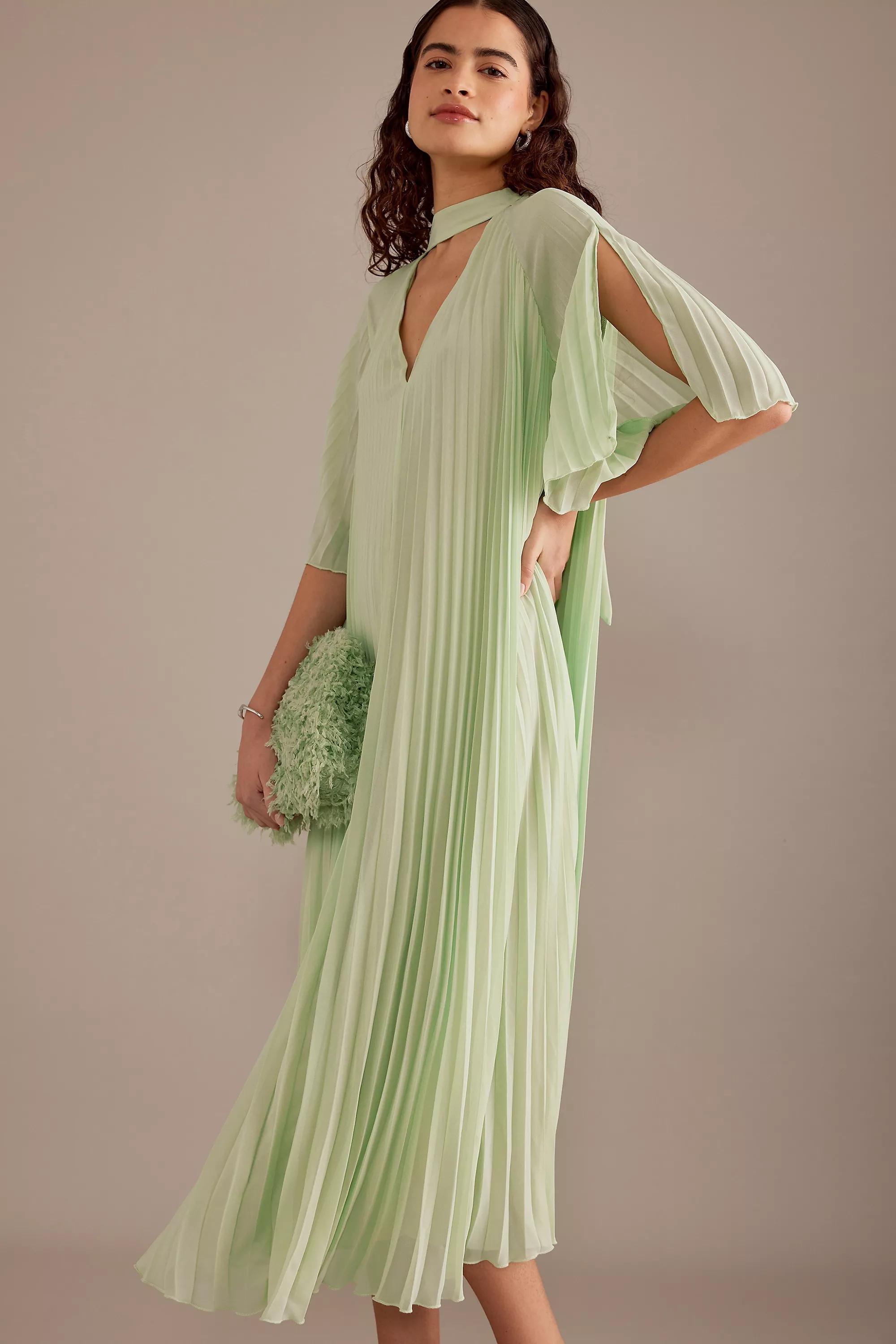 Fe Pleated Neck Dtl Dress, Green, , large image number 0