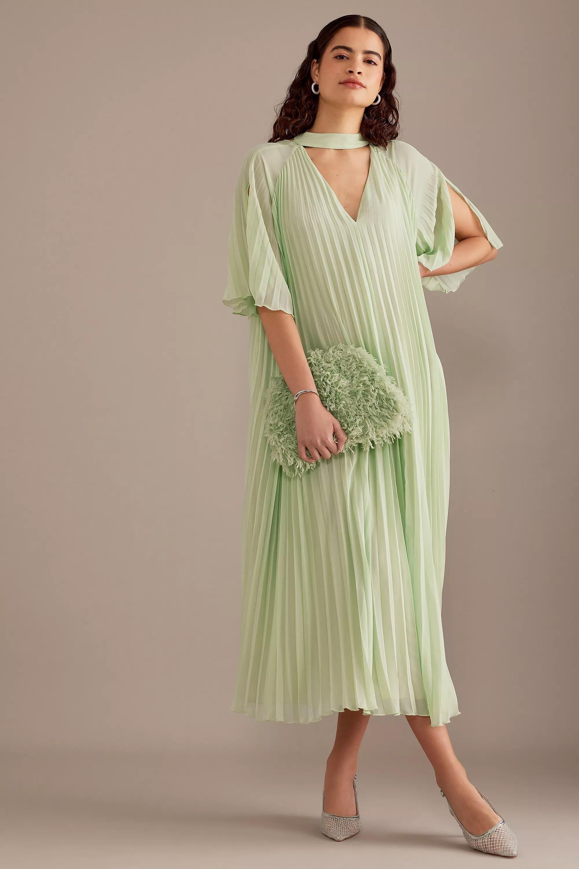 Fe Pleated Neck Dtl Dress, Green, , large image number 2
