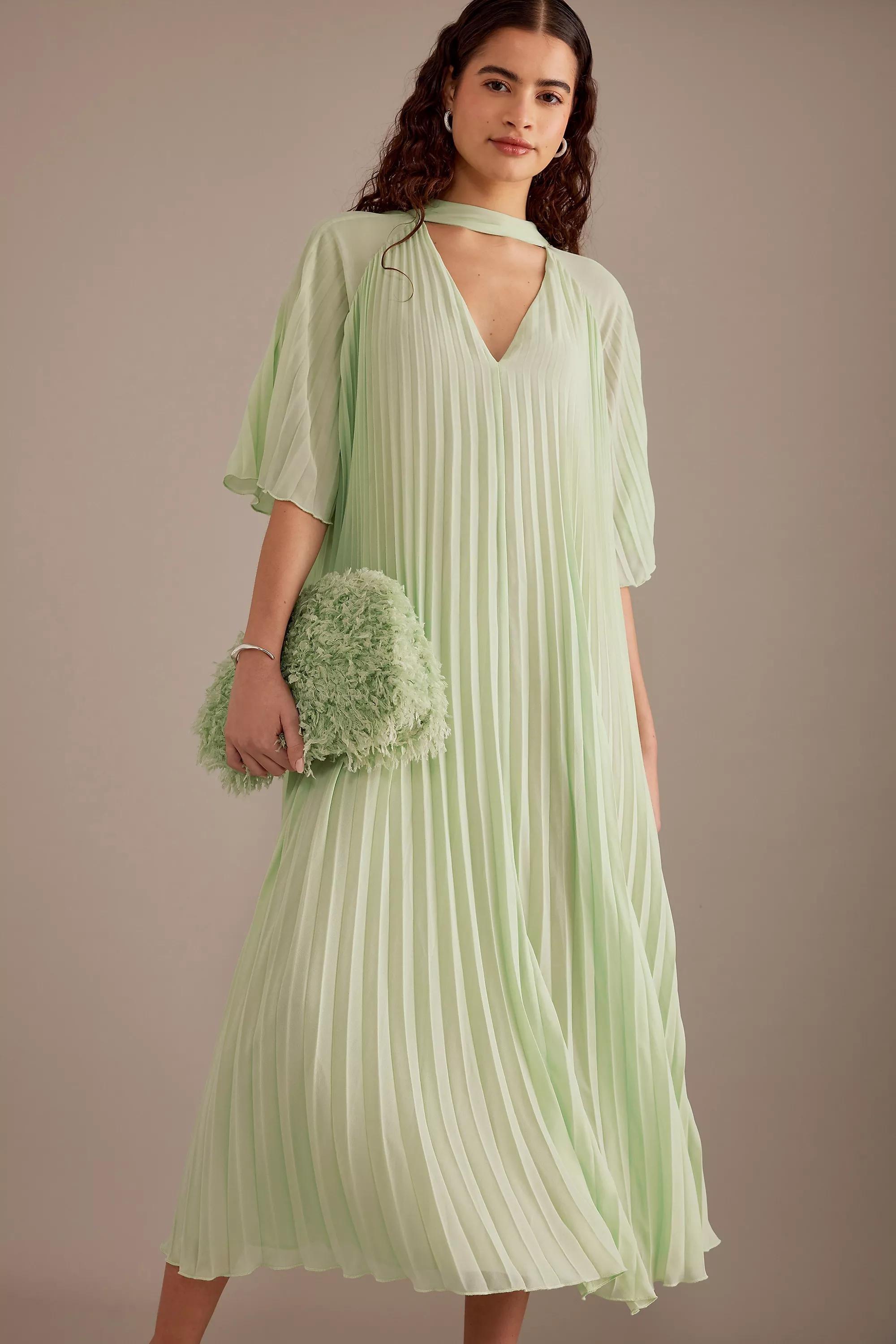 Fe Pleated Neck Dtl Dress, Green, , large image number 4