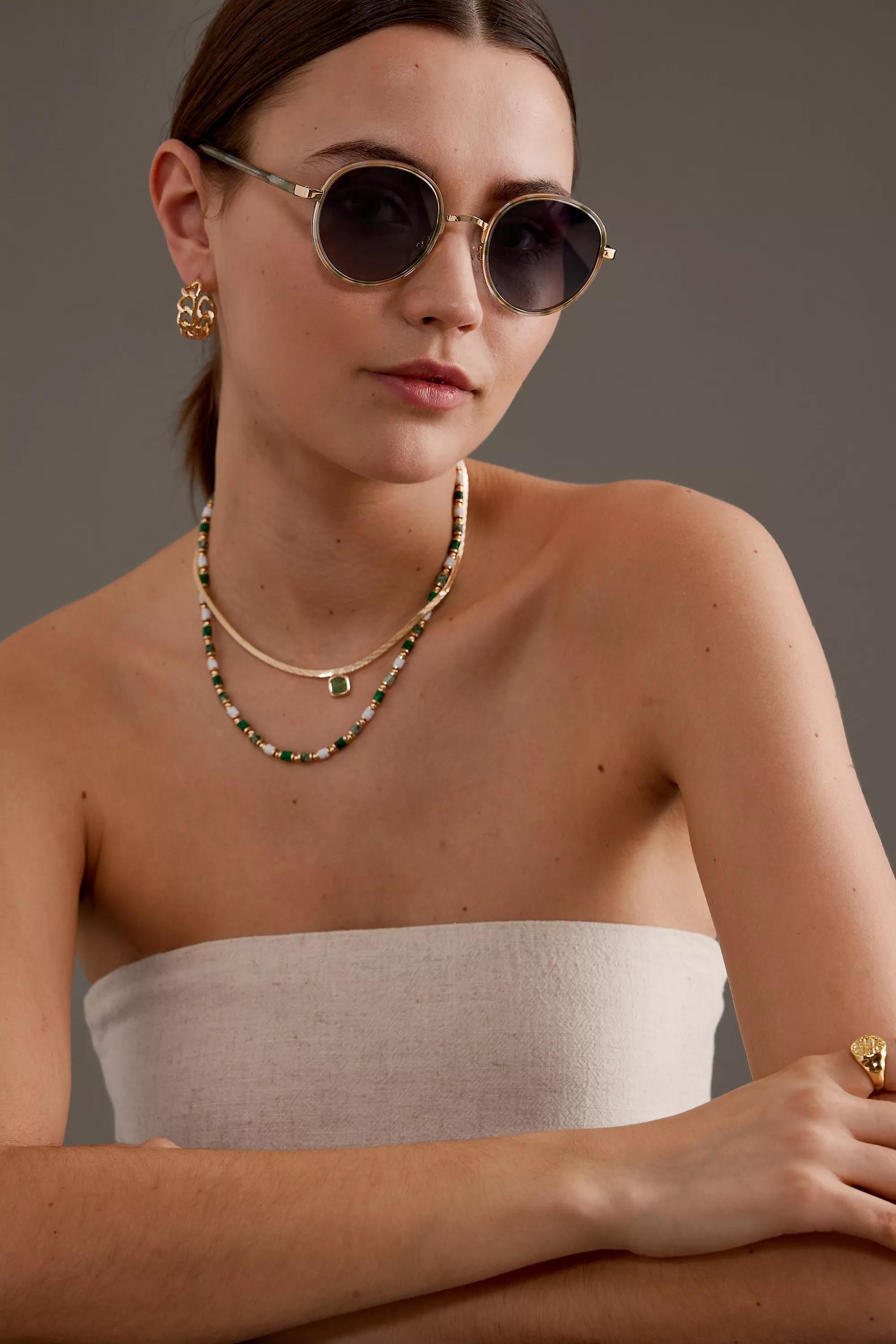 By Anthropologie The Annie Circle Polarised Sunglasses, Green, A501_0030, large image number 1