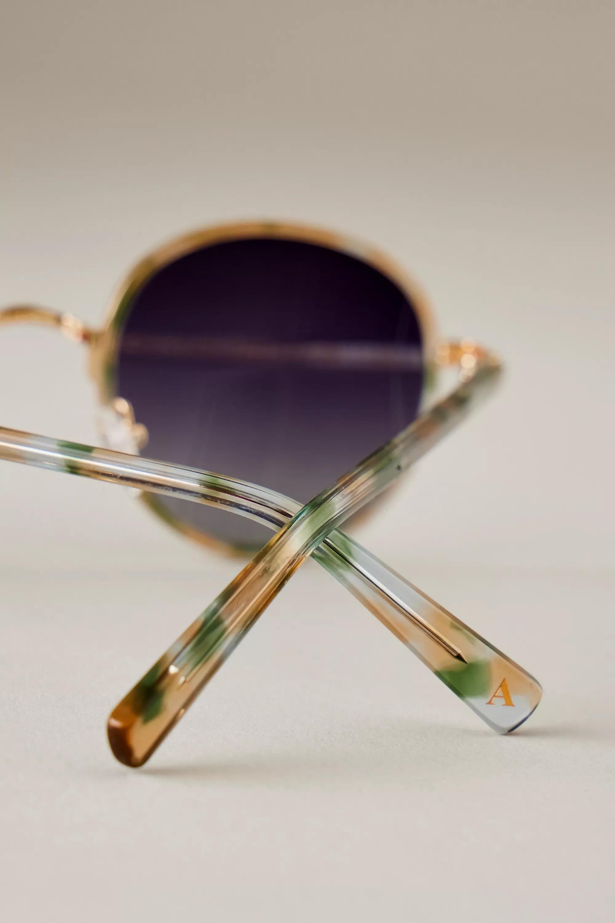 By Anthropologie The Annie Circle Polarised Sunglasses, Green, A501_0030, large image number 4