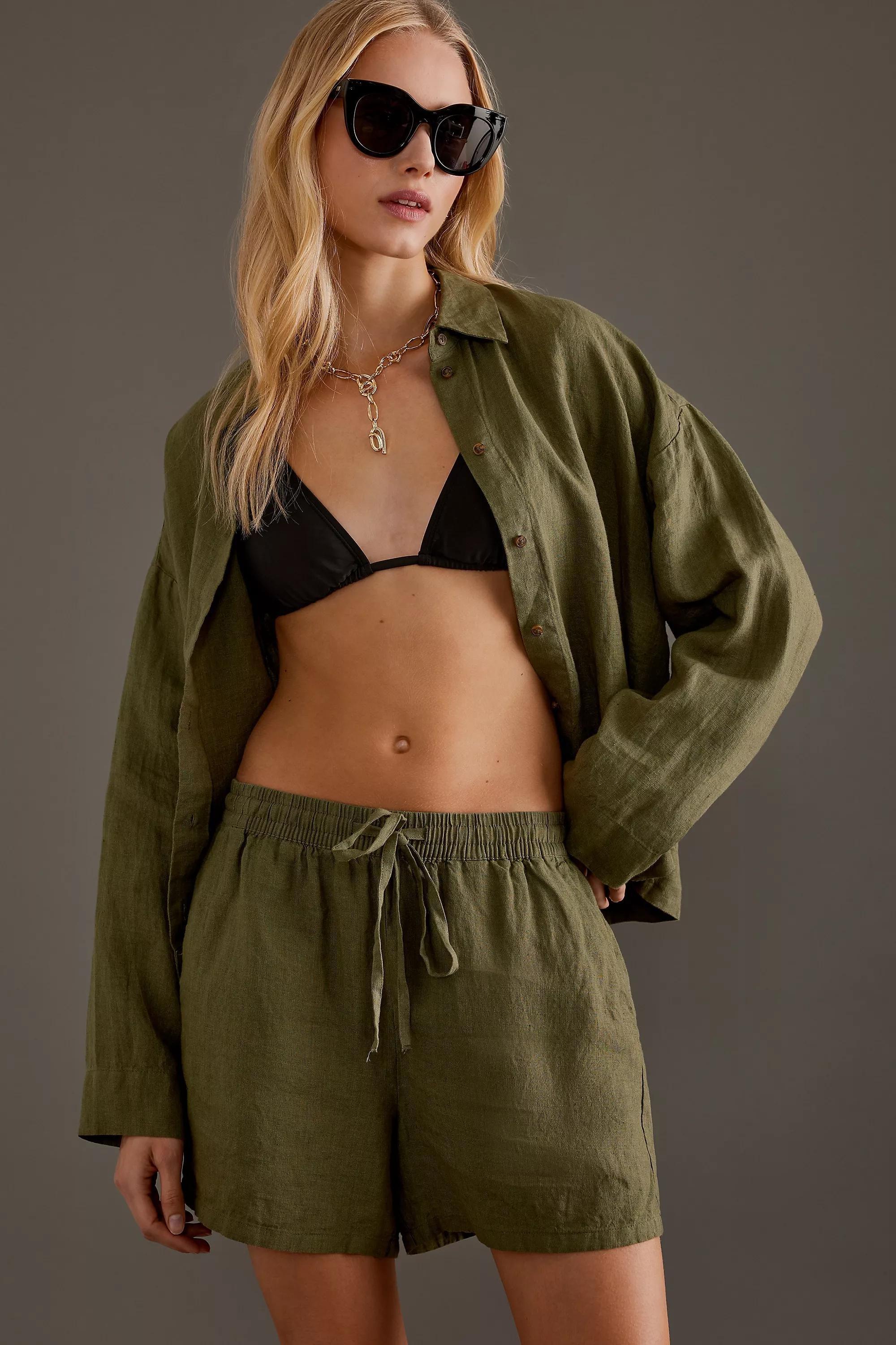 Selected Femme Mid-Waist Linen Shorts, Khaki, , large image number 0