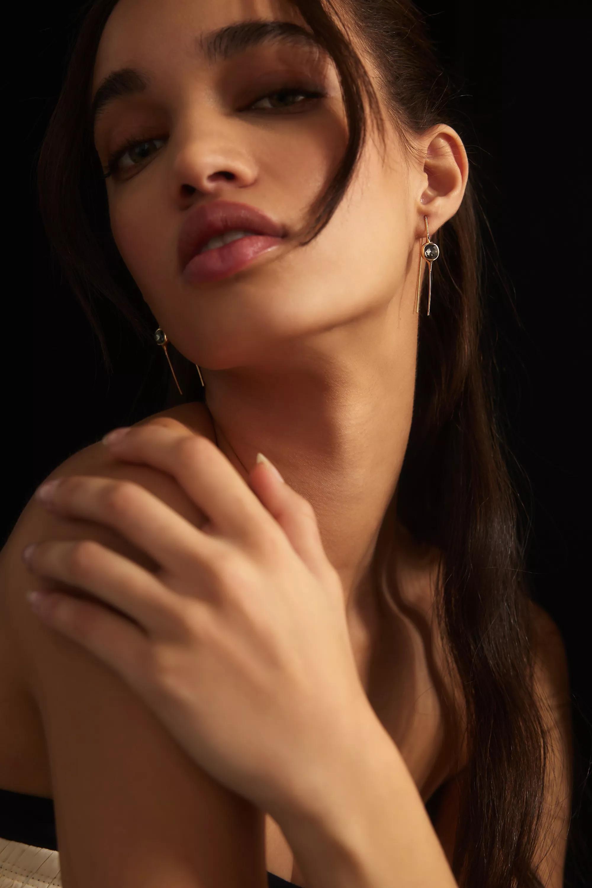 Crystal Thin Threader Earrings, Black, A501_0001, large image number 0