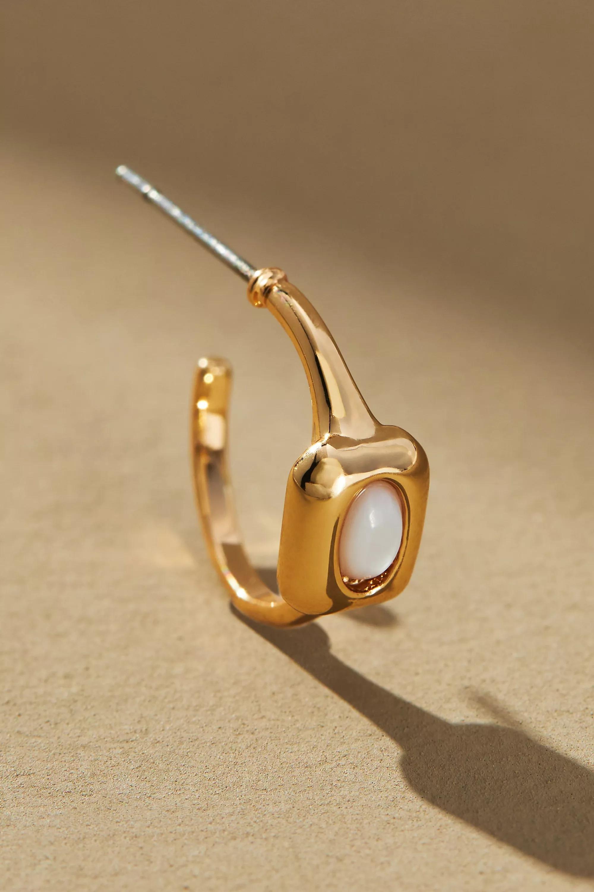 Small Gem Huggie Hoop Earrings, Pearl, A501_0017, large image number 1