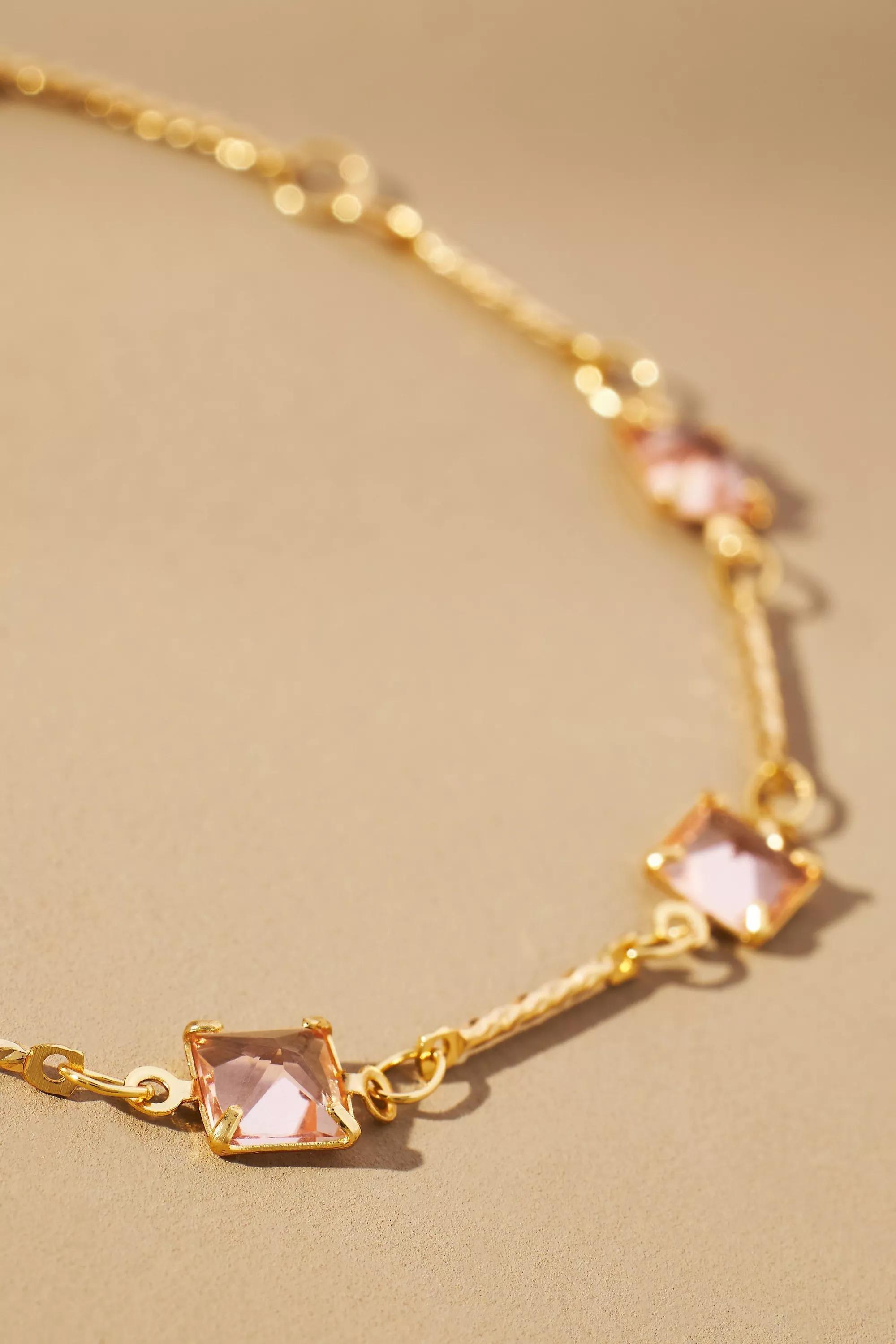 Gold-Plated Square Crystal Chain Bracelets, Pink, A501_0066, large image number 1