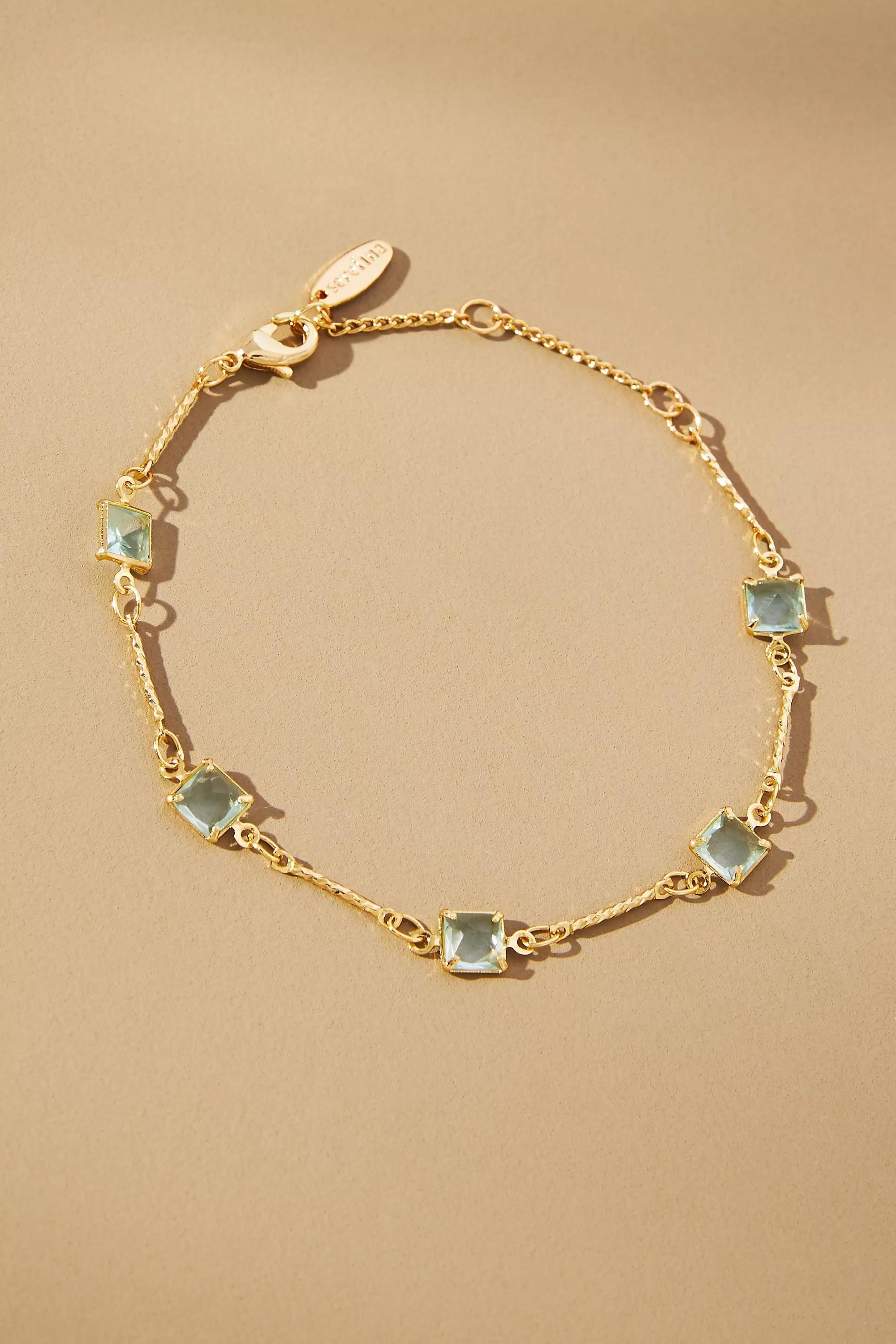 Gold-Plated Square Crystal Chain Bracelets, Green, A501_0102, large image number 0