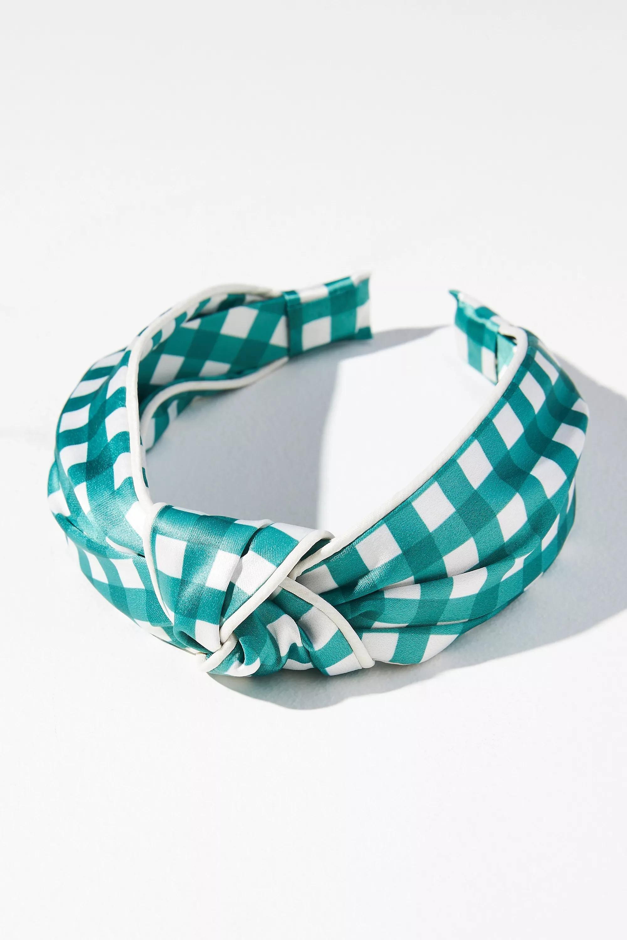 Everly Gingham Knot Headband, Green, , medium
