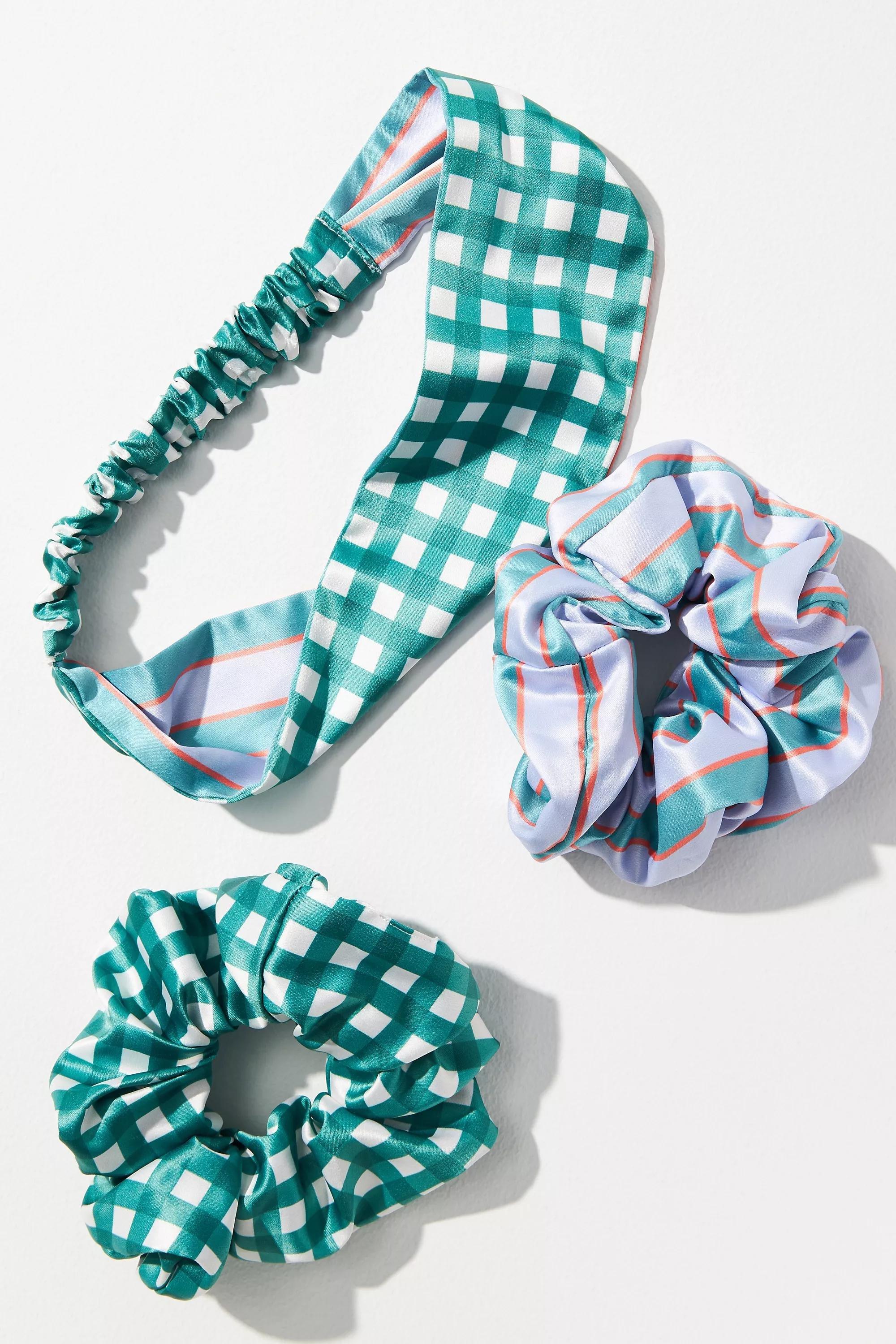Printed Headband & Scrunchies Set, Green, , medium