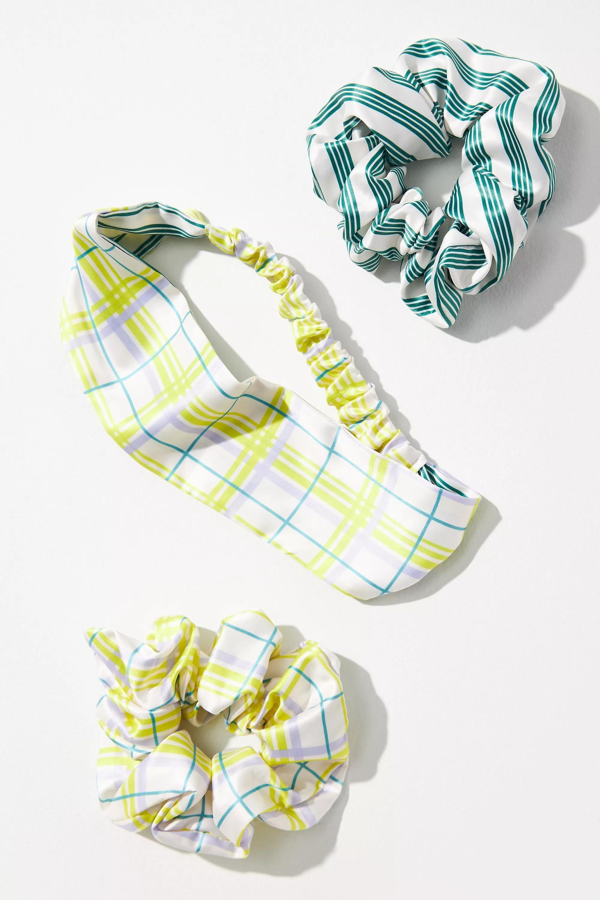 Printed Headband & Scrunchies Set, Green, , medium