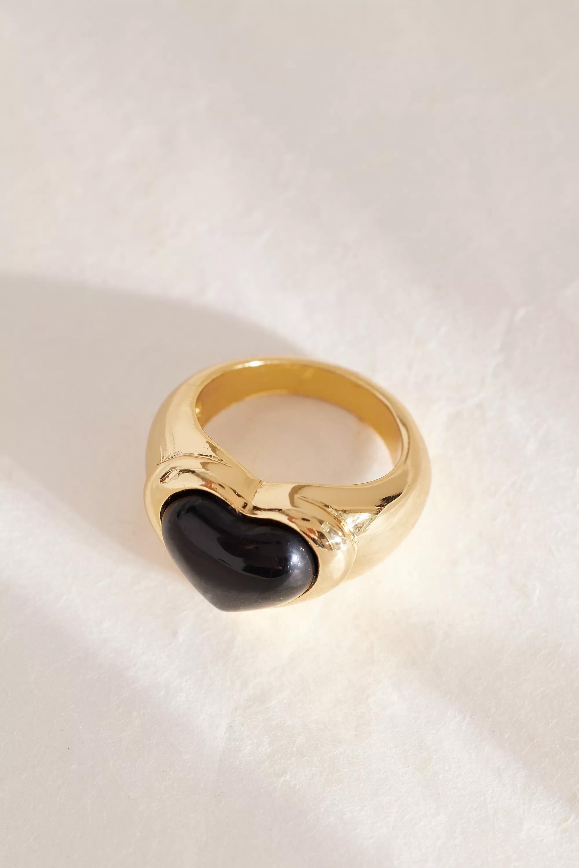 Chunky Gold Heart Ring, Black, , large image number 1