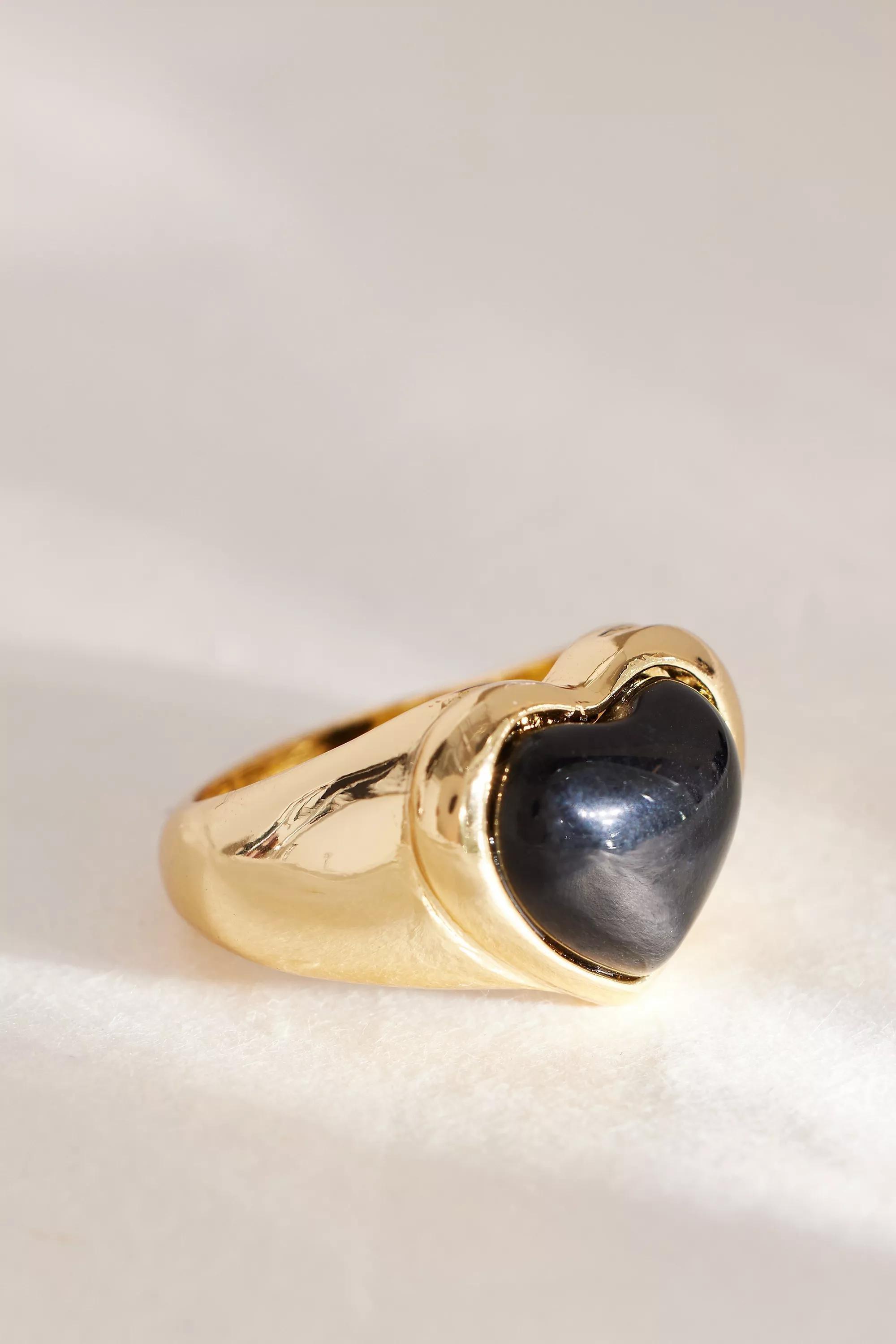 Chunky Gold Heart Ring, Black, , large image number 2