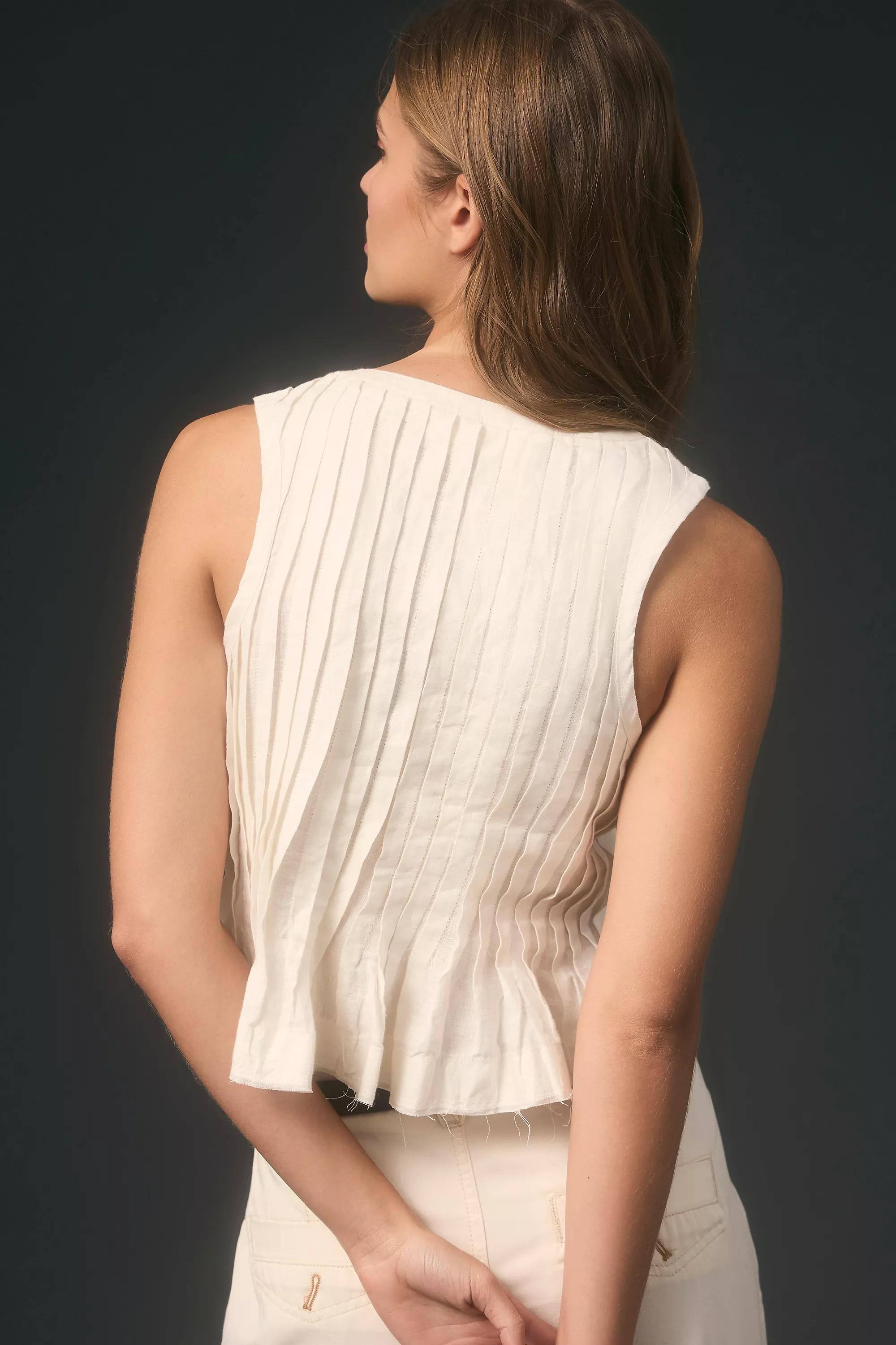 Pleated Linen Vest Top, White, , large image number 1