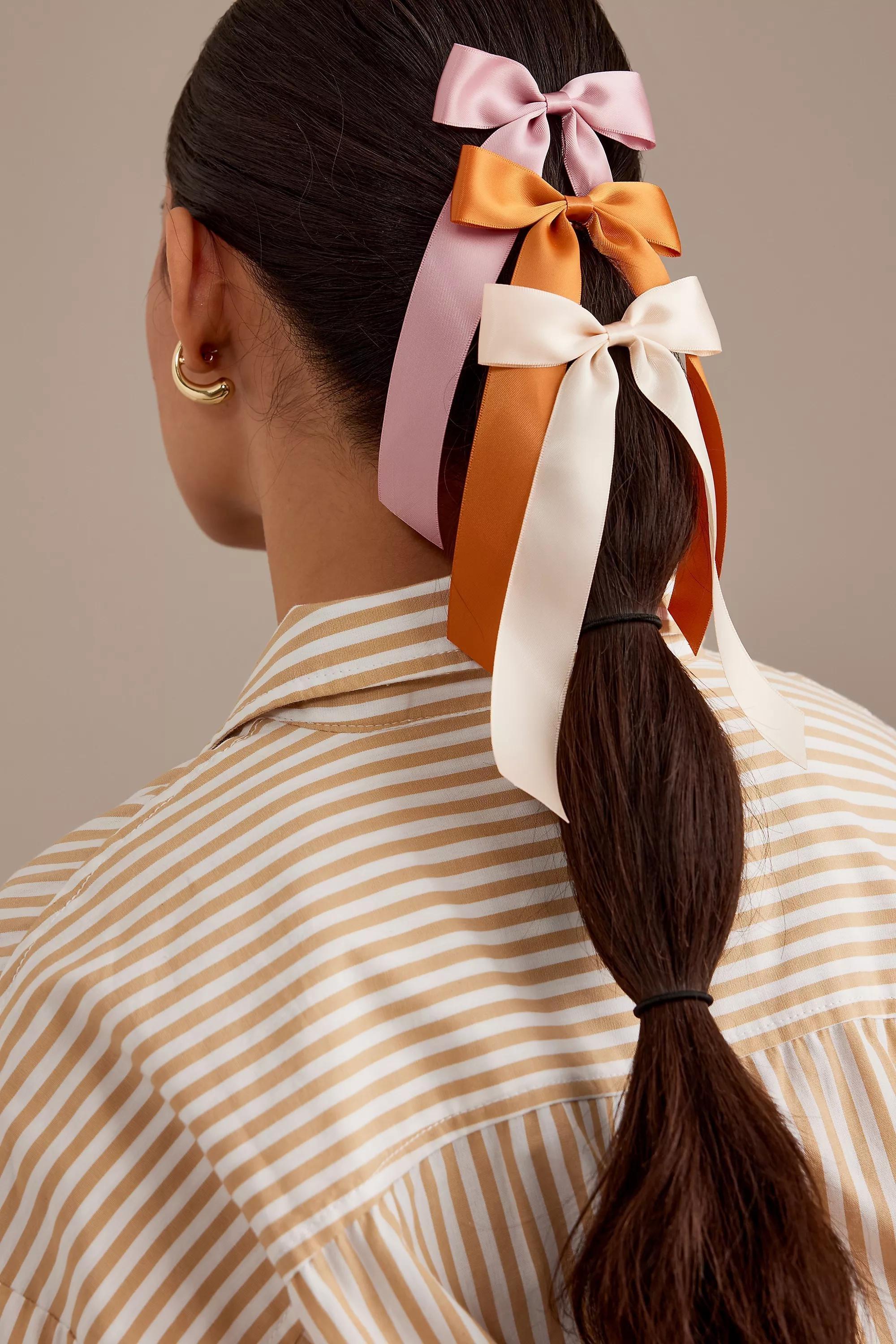 Satin Ribbon Hair Bows, Set Of 3, Pink, A501_0066, large image number 0