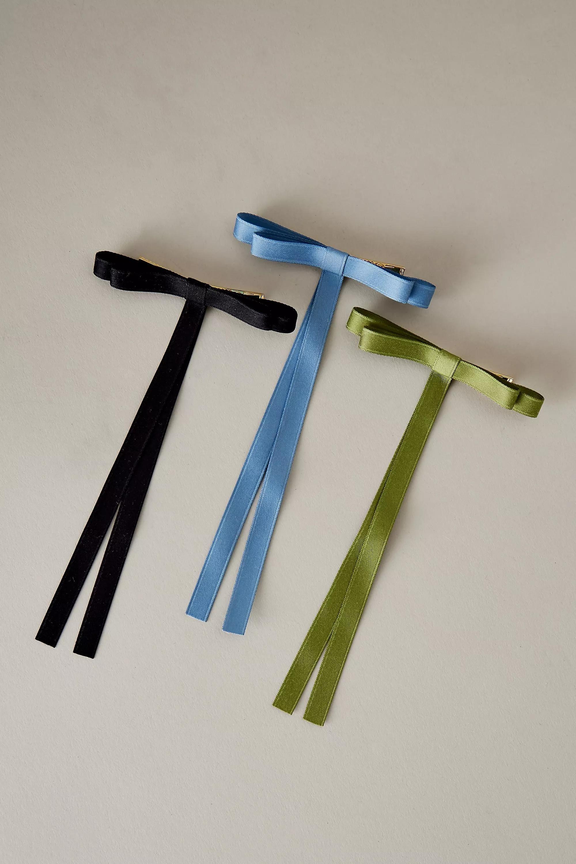 Slim Satin Ribbon Hair Bows, Set Of 3, Blue, , medium